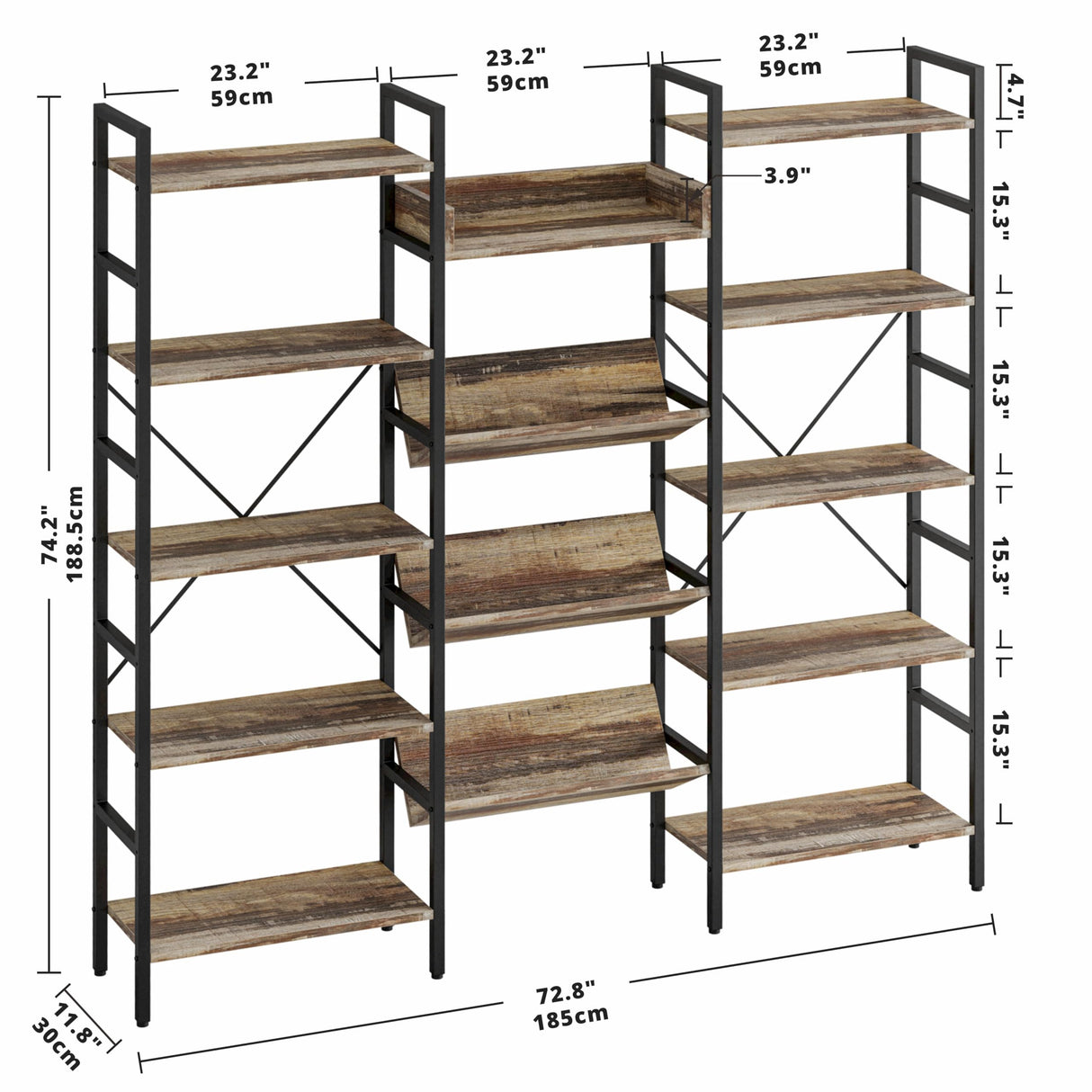 IRONCK Bookshelves and Bookcases 5 Tiers, Triple Wide Industrial Bookshelf, Large Etagere Bookshelf, Display Storage Bookshelves with Metal Frame for Living Room, Home Office IRONCK