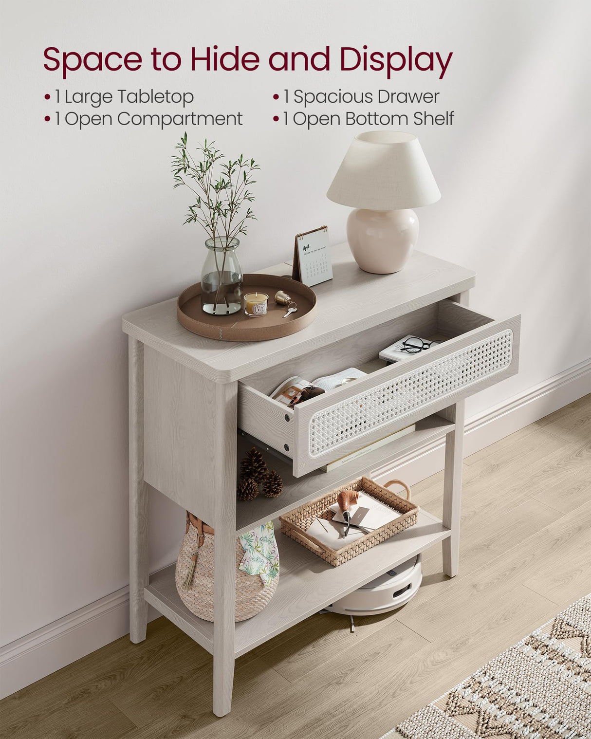 VASAGLE Console Table with Power Outlets, Entryway Table with Storage Shelf, Sofa Table with Drawer, Open Compartment, Rounded Corners, for Living Room, Boho Style, Oatmeal Beige ULNT140K66 VASAGLE