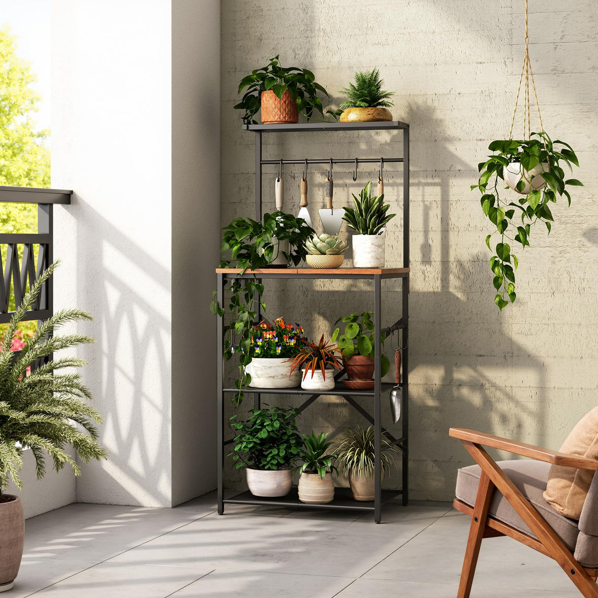 HOOBRO Kitchen Bakers Rack with Power Outlet, 4 Tiers Microwave Oven Stand with Storage, Coffee Bar Table with 9 S-shaped Hooks, Kitchen Storage Shelf Rack, Rustic Brown and Black BF58UHB01 HOOBRO