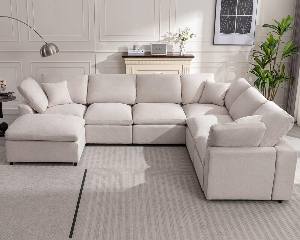 POYISOU Cloud Couches for Living Room, Oversized Modular Sectional Sofa with Ottoman, Large Modern 7 Seater Sofas Comfy Chenille L Shaped Couch for Spacious Space Apartment Lounge, Beige POYISOU
