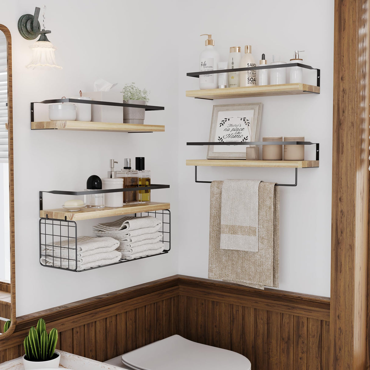 LUDORU Wood Floating Shelves Wall Mounted - 4+1 Tier Rustic Bathroom Wall Shelves Over Toilet with Wire Storage Basket and Towel Bar, Set of 4 Farmhouse Floating Shelf for Bathroom, Kitchen, Bedroom. LUDORU