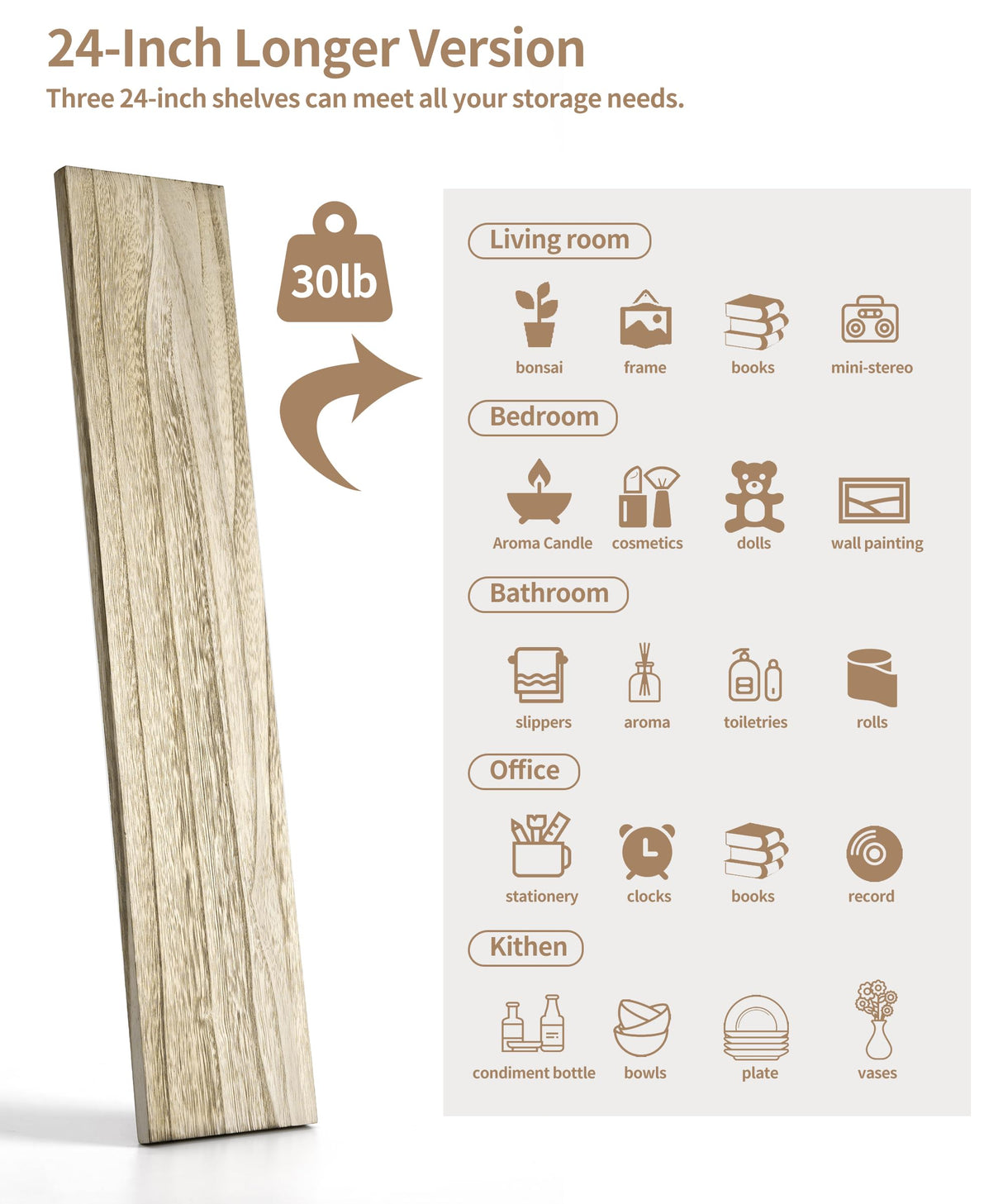 Gronda Floating Shelves Natural Wood Set of 3, 24 Inch Rustic Solid Wood Shelf Wall Mounted Farmhouse Decor Shelves for Bathroom Living Room Bedroom Kitchen Gronda