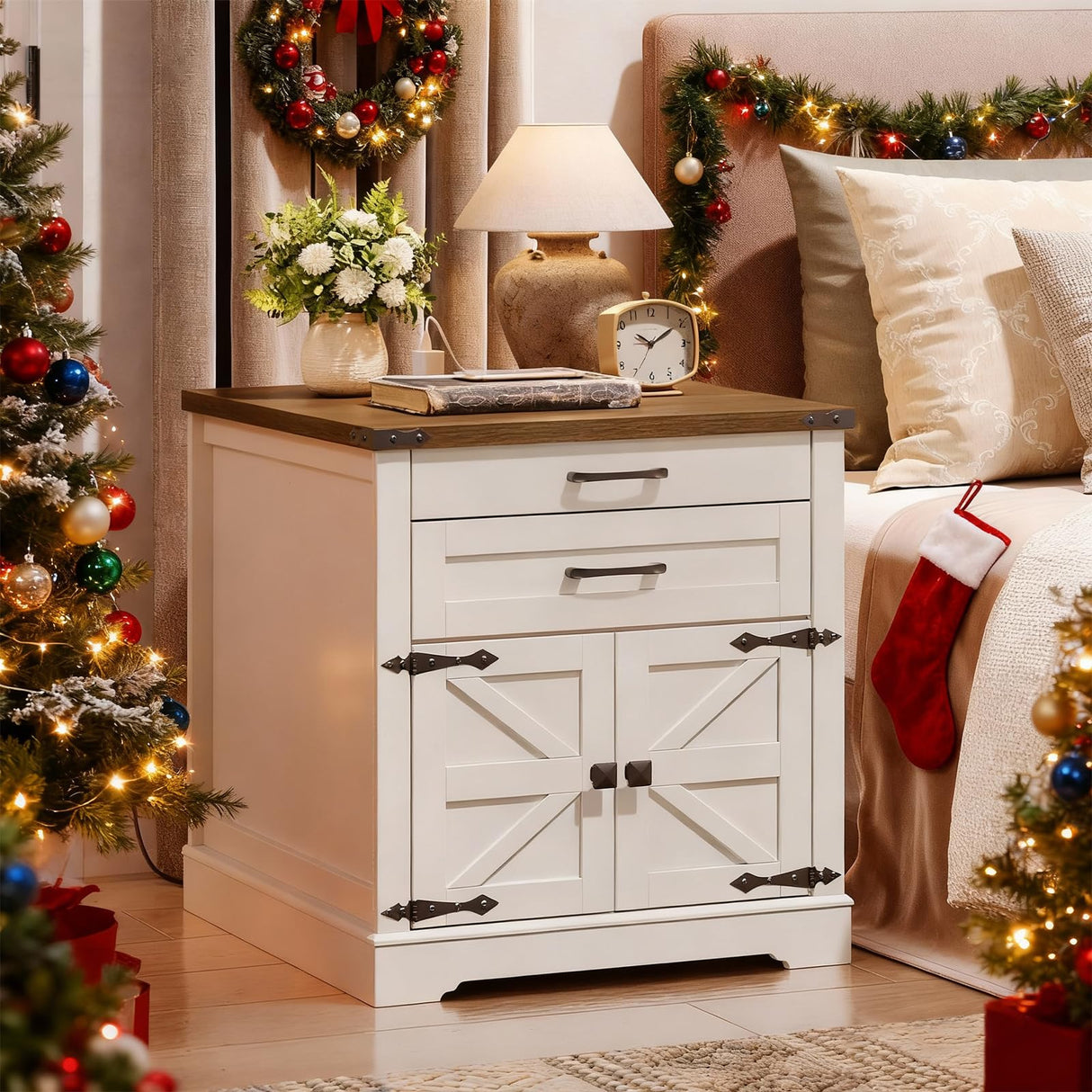 RALGEND Farmhouse End Table with Charging Station, 24'' Sofa Side Table with 2 Drawers and Barn Door, Large Rustic Wooden Square Nightstand for Bedroom, Living Room, White and Walnut RALGEND