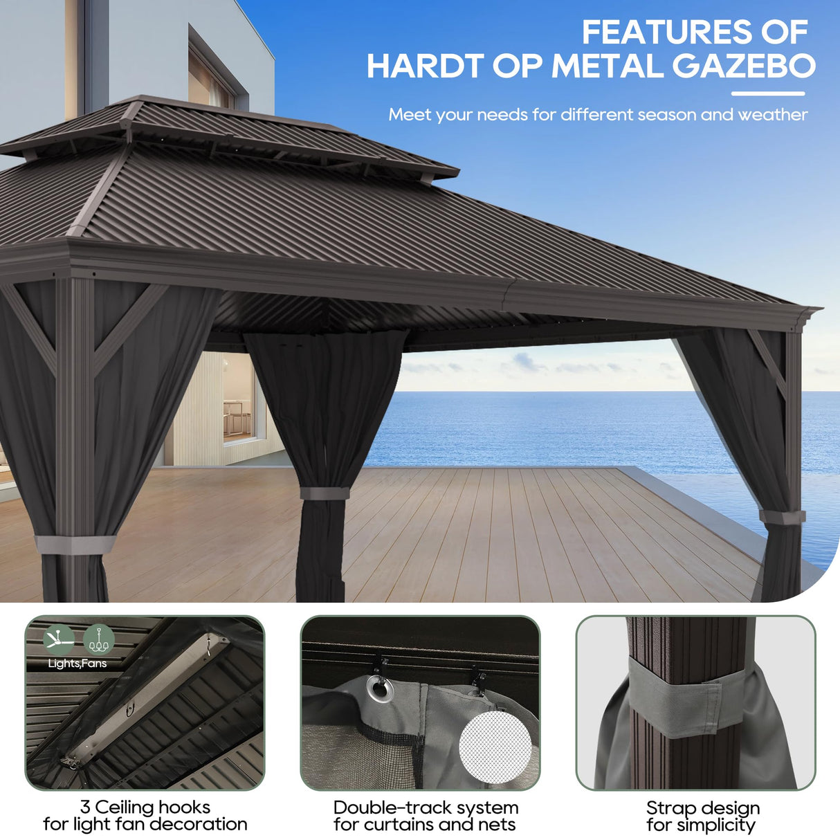 Sumshadow 12'x16' Hardtop Metal Gazebo, Outdoor Galvanized Steel Double Roof Canopy, Aluminum Patio Gazebo with Netting and Curtains for Patio, Lawns, Deck, Backyard,Grey Sumshadow