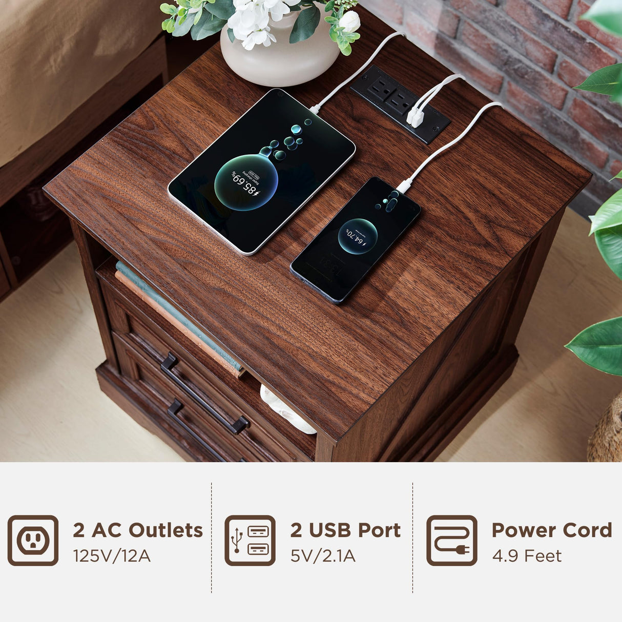 ACCOHOHO 18" Farmhouse Nightstand with Charging Station,End Table with 2 Drawers Storage,Side Table,Bedside Cabinet for Bedroom,Living Room,Brown ACCOHOHO