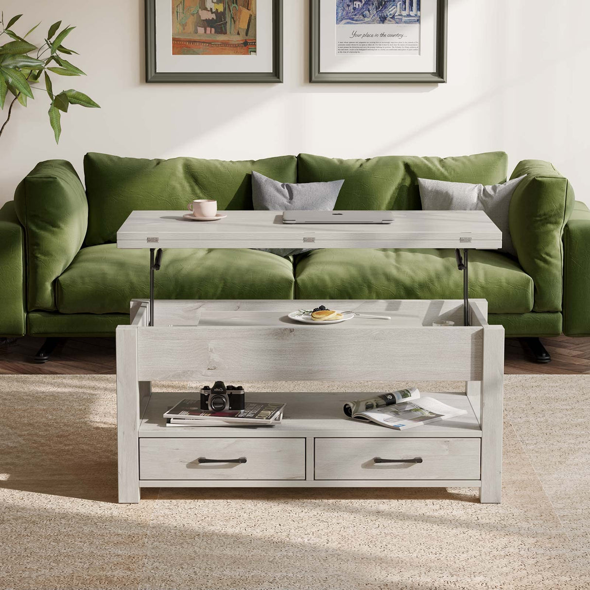 Rolanstar Coffee Table Lift Top, Multi-Function Convertible Coffee Table with Drawers and Hidden Compartment, Converts to Dining Table for Living Room, Home Office,Grey Rolanstar