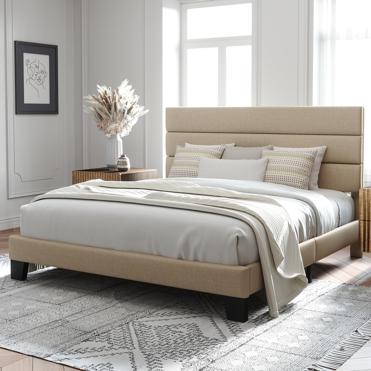 Allewie King Size Upholstered Bed Frame with Wooden Slats - No Box Spring Required, Easy Assembly in Beige Allewie
