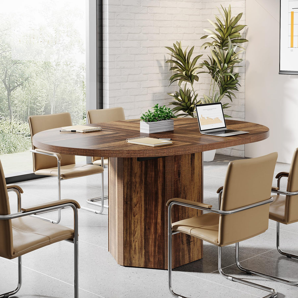 Tribesigns 55.12 Inches Oval Conference Table, Rustic Wood Conference Meeting Room Table for 4-6 People, Small Seminar Table with Polygon Shaped Base for Break Room Office, Large Office Desk, Brown Tribesigns