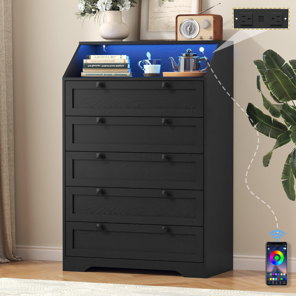 BORNOON 5 Drawer Tall Dresser with LED Lights & Charging Station, Modern Wood Chest of Drawers for Bedroom, Storage Dresser with Metal Handles & Anti-Tip Kit for Closet, Living Room, Entryway BORNOON