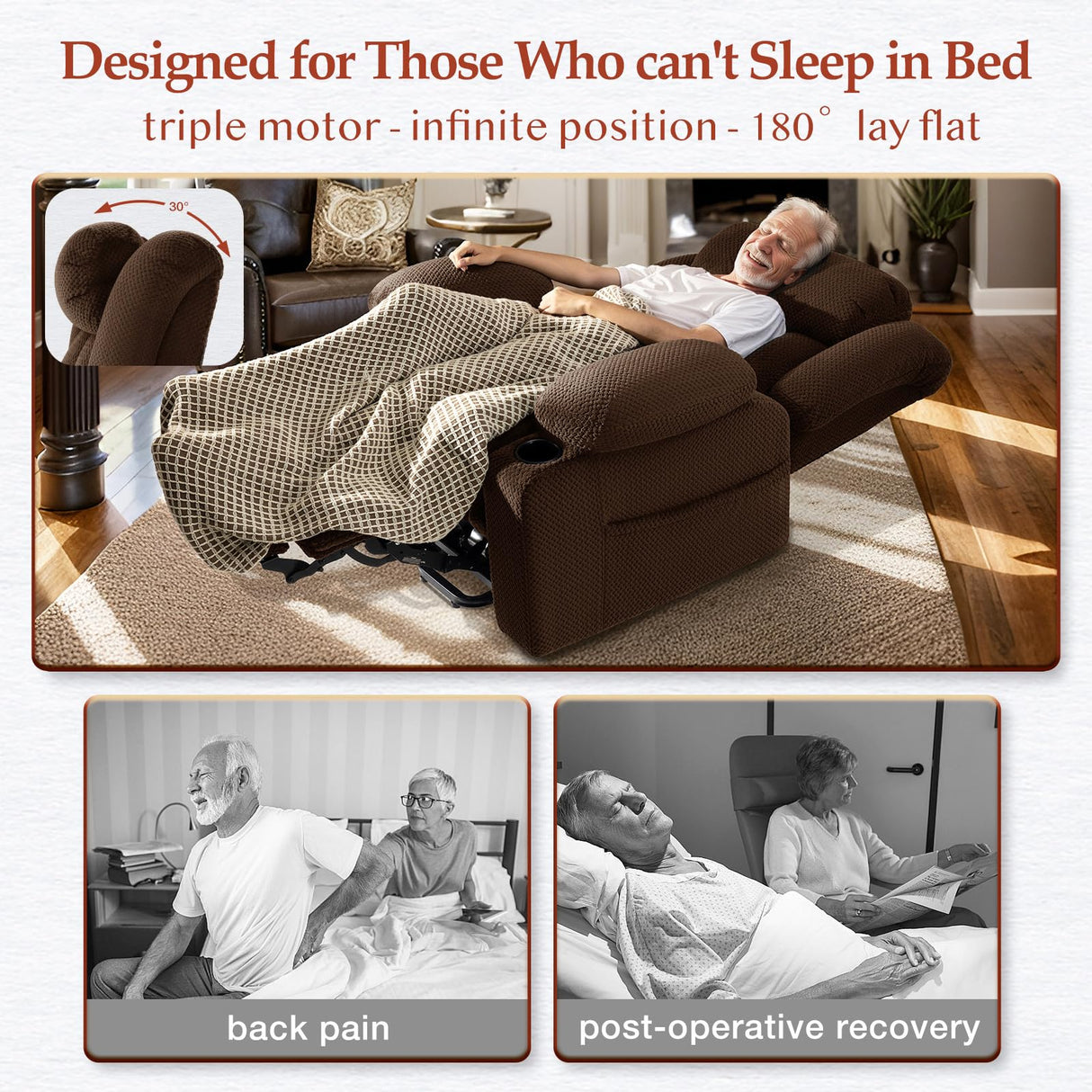 Gehtmnl Large Power Lift Recliner Chair with Triple Motor for Elderly, Independent Power Head Back Foot Adjustments, Infinite Position, Lay Flat, Lift Chairs Recliners - Plush Flannel (Dark Brown) Gehtmnl