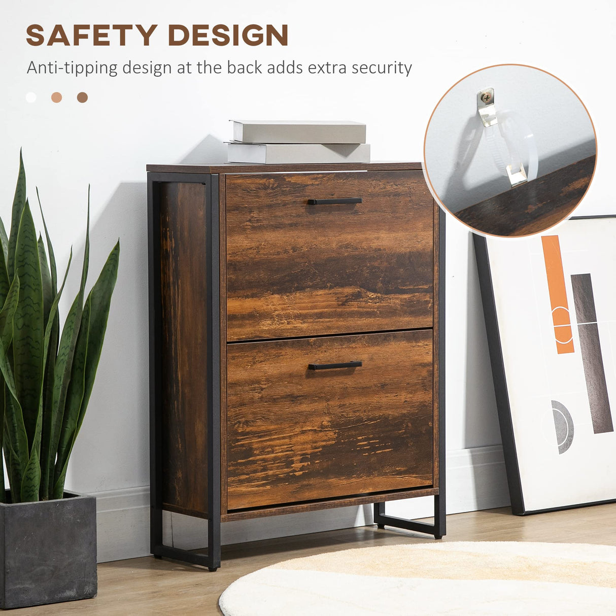 HOMCOM Industrial Shoe Cabinet with 2 Flip Drawers, Freestanding Shoe Storage Cabinet for 12 Pairs, Narrow Slim Shoe Rack for Entryway, Hallway, Rustic Brown HOMCOM