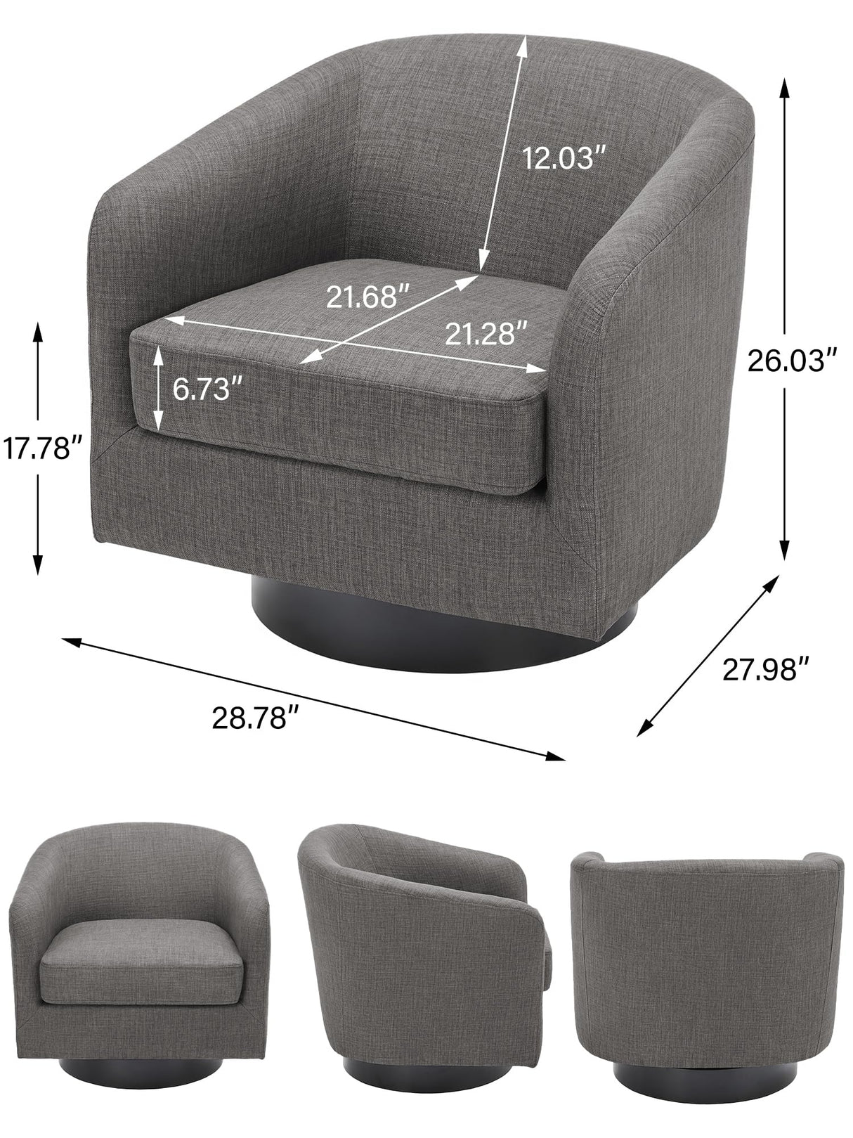 Swivel Barrel Accent Chair, Modern Round Linen Arm Chair for Living Room, Bedroom, Comfy Club Reading Chairs for Adults(Linen Fabric, Grey, Set of 2 DREAMSIDEA