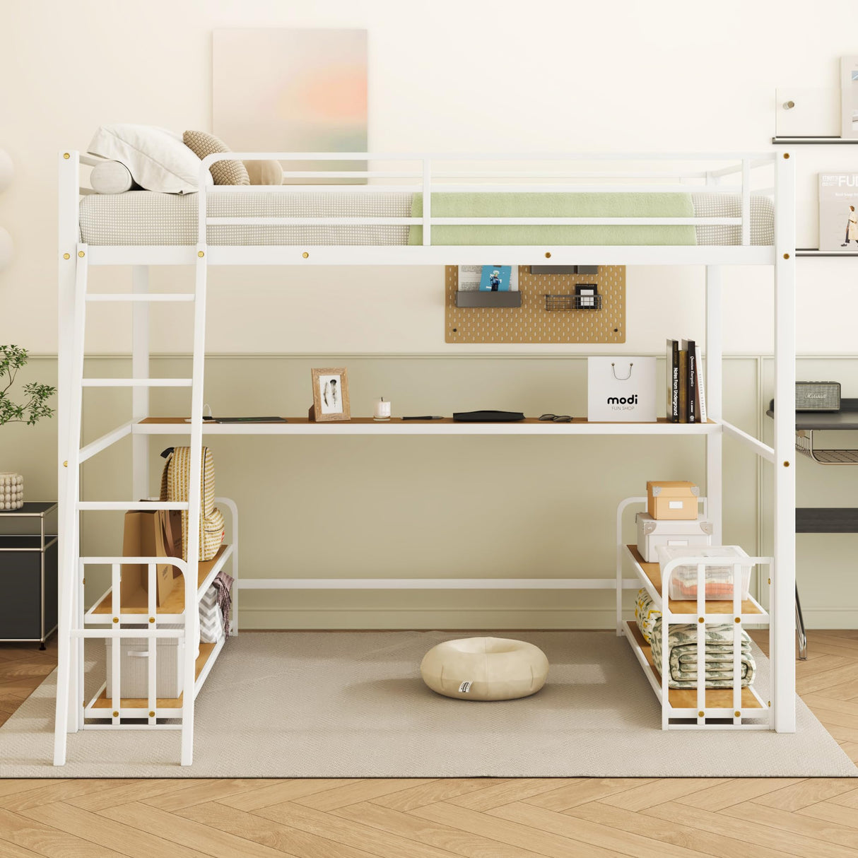 Ziraukon Full Size Metal Loft Bed with Desk and Storage, Heavy Duty Metal Loft Bed with Storage Shelves and Charging Station, Safety Guardrail, Ladder, Space Saving, White Ziraukon