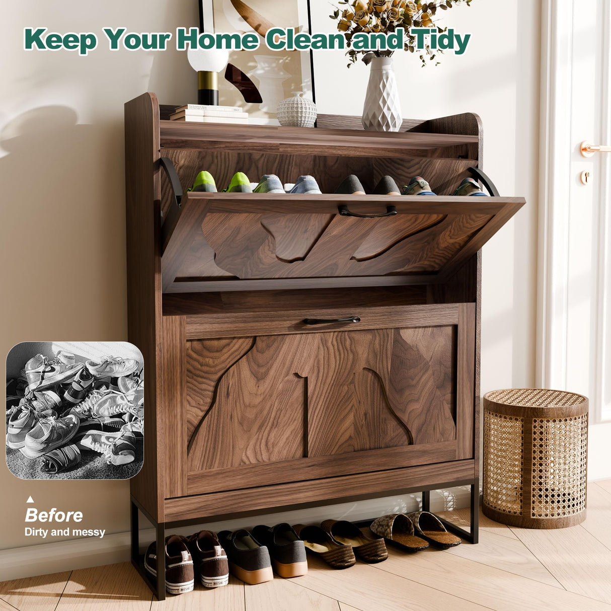 infurnic Shoe Storage Cabinet with 2 Flip Drawers, Narrow Shoe Cabinet for Entryway, Freestanding Organizer Shoe Rack Cabinet for Front Door Entrance Hallway Foyer, Walnut infurnic