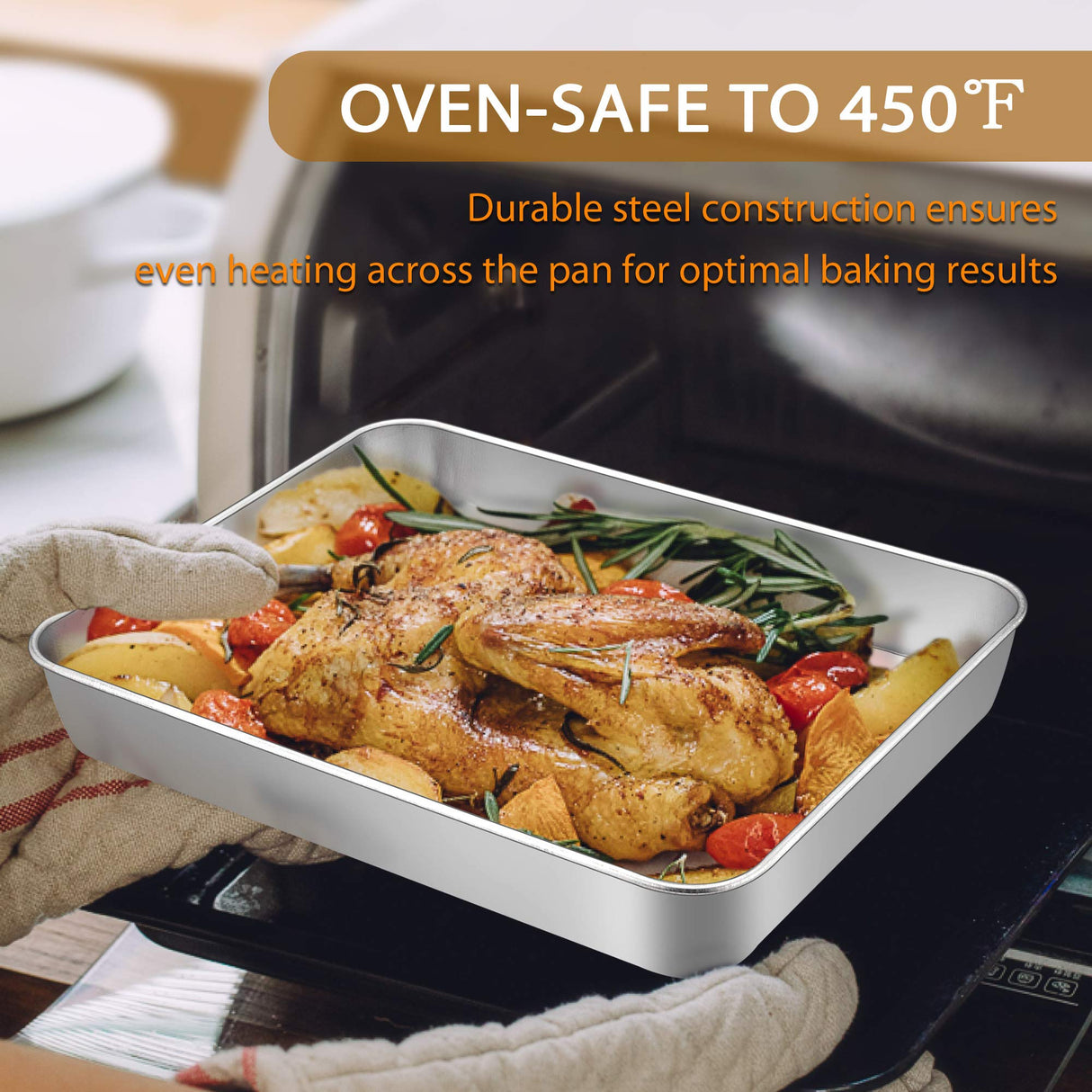 E-far Baking Pans Set of 3, Stainless Steel Sheet Cake Pan for Oven - 12.5/10.5/9.4Inch, Rectangle Bakeware Set for Cake Lasagna Brownie Casserole Cookie, Non-toxic & Healthy, Dishwasher Safe E-far