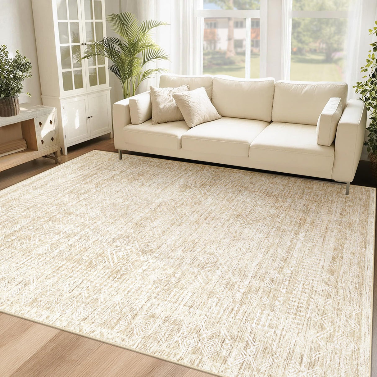 Washable Area Rug 5x7: Moroccan Rug for Living Room Geometric Boho Rug Farmhouse Non Slip Stain Resistant Rugs Low Pile Soft Carpet for Bedroom Dining Room Home Office Children Room (Beige,5'x7') VECARF