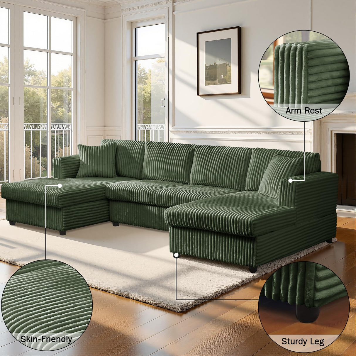 123" U-Shaped Modular sectional Sofa, Two L-Shape Chaise with 2 Cloud Couch sectional with Two Pillows, couches for Living Room(Green) MYINDA