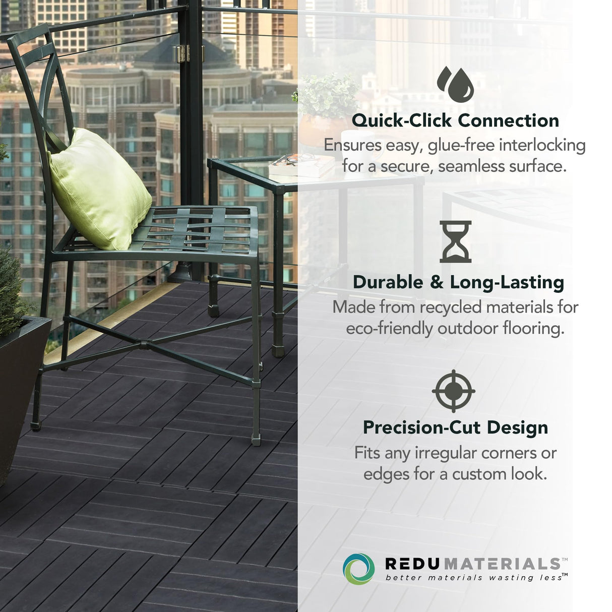 EcoTrend 24-Pack 12”x12” Interlocking Deck Floor Tiles, Slate Black – Rubber & Plastic Outdoor Flooring for Patio, Porch, Balcony, Pool Area, Garden, Garage or Backyard – Modular Decking Grid Panels Multy Home