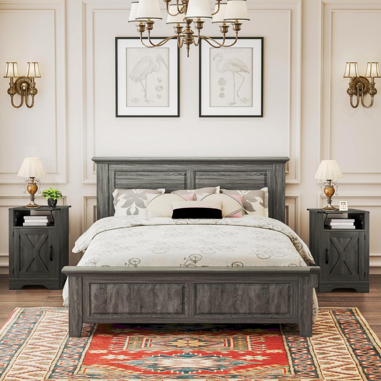 RoyalCraft Nightstand Set of 2 with Charging Station, Tall Farmhouse Bedside Table with Large Storage and Shelf, Wooden End Table with for Bedroom, Living Room(Dark Grey) RoyalCraft