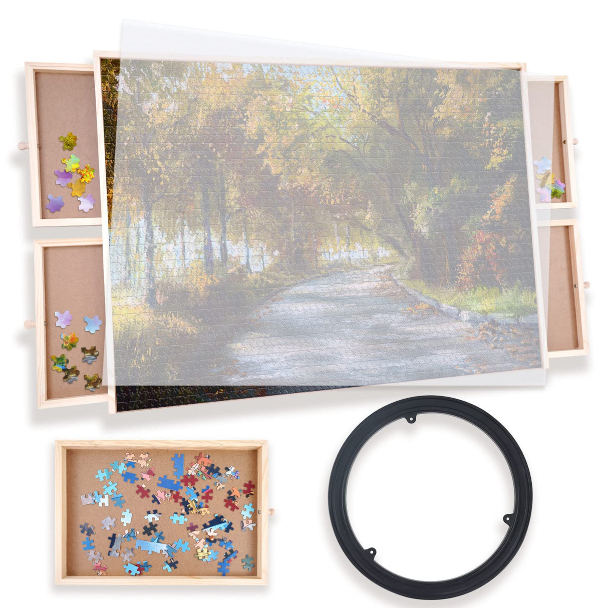 WOOD CITY Puzzle Board, 1000 Piece Wooden Jigsaw Puzzle Board with Drawers, 30” x 22” Portable Puzzle Table with Covers and Lazy Susan, Rotating Jigsaw Puzzle Table for Kids and Adults WOOD CITY