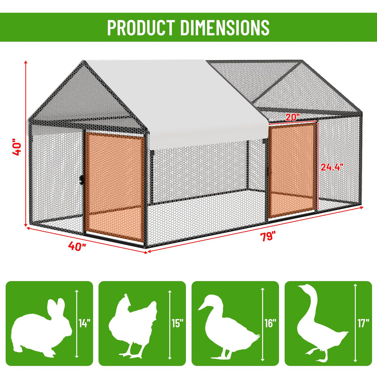 NUGRIART Metal Chicken Coop with Waterproof Cover, 79"x40"x40" Portable Poultry Cage, Outdoor Backyard Farm Walk-in Hen House for Chickens, Ducks, Rabbits and Small Pets NUGRIART