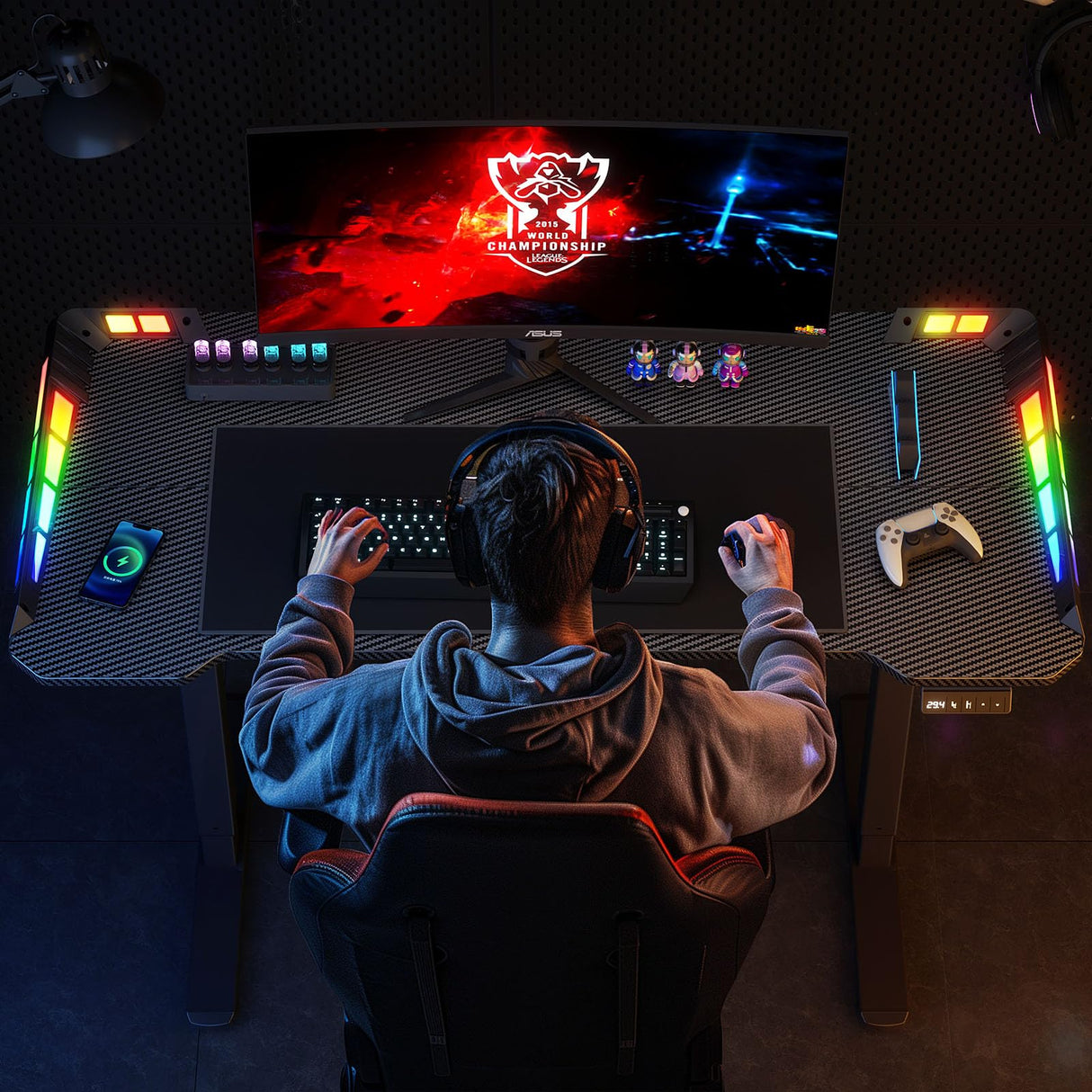 Flycity Gaming Standing Desk with LED Lights & APP Control, 48" x 24" Gaming Table with Music Sensing, Underdesk Cable Storage Electric Standing Desk, Black Carbon Fiber PC Desk for Home Office Flycity