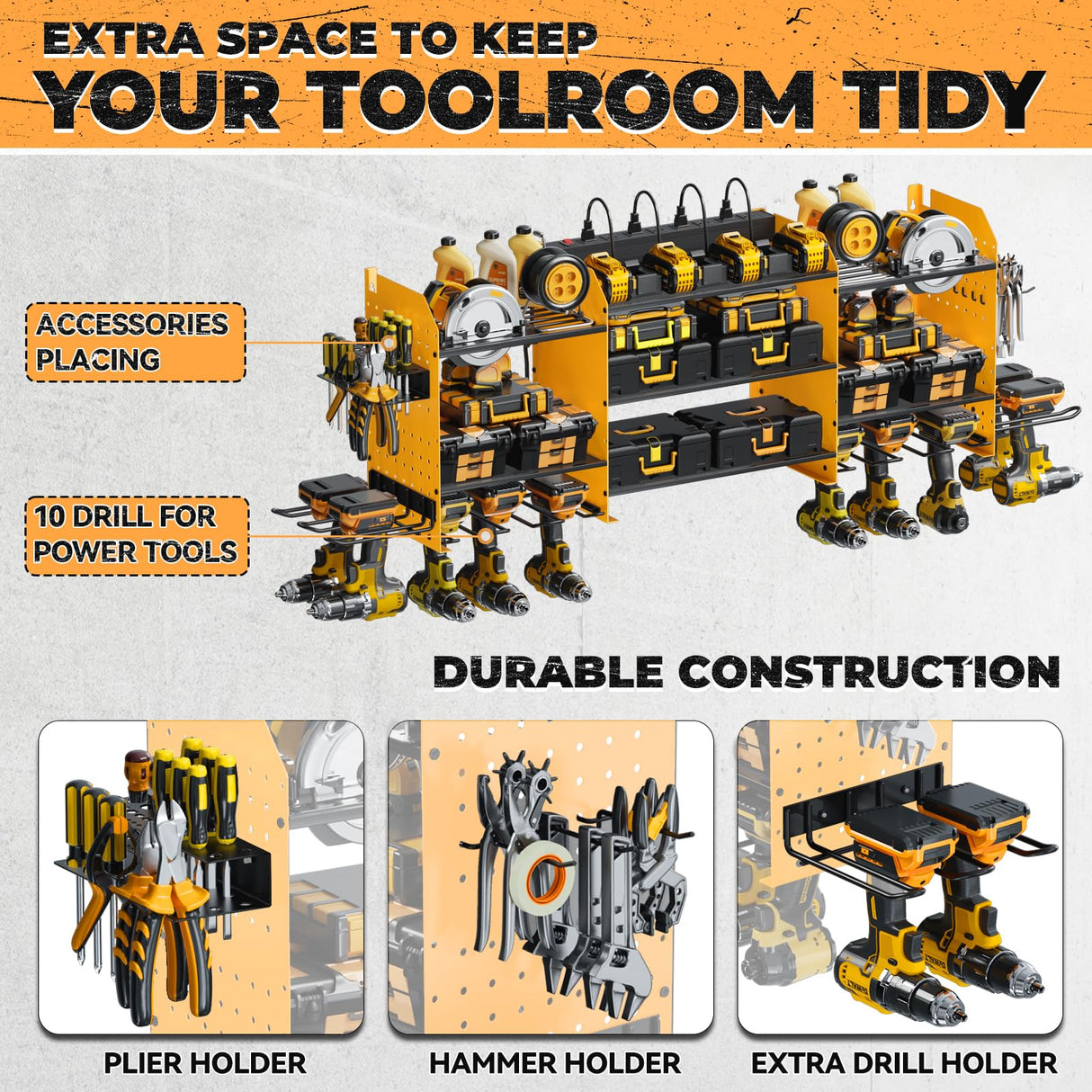 WIWIDRM Upgrade Large Power Tool Organizer Wall Mount with Charging Station Tool Storage Rack with 6.5FT Power Strip 10 Drill Holder and Storage Rack for Garage Organization WIWIDRM