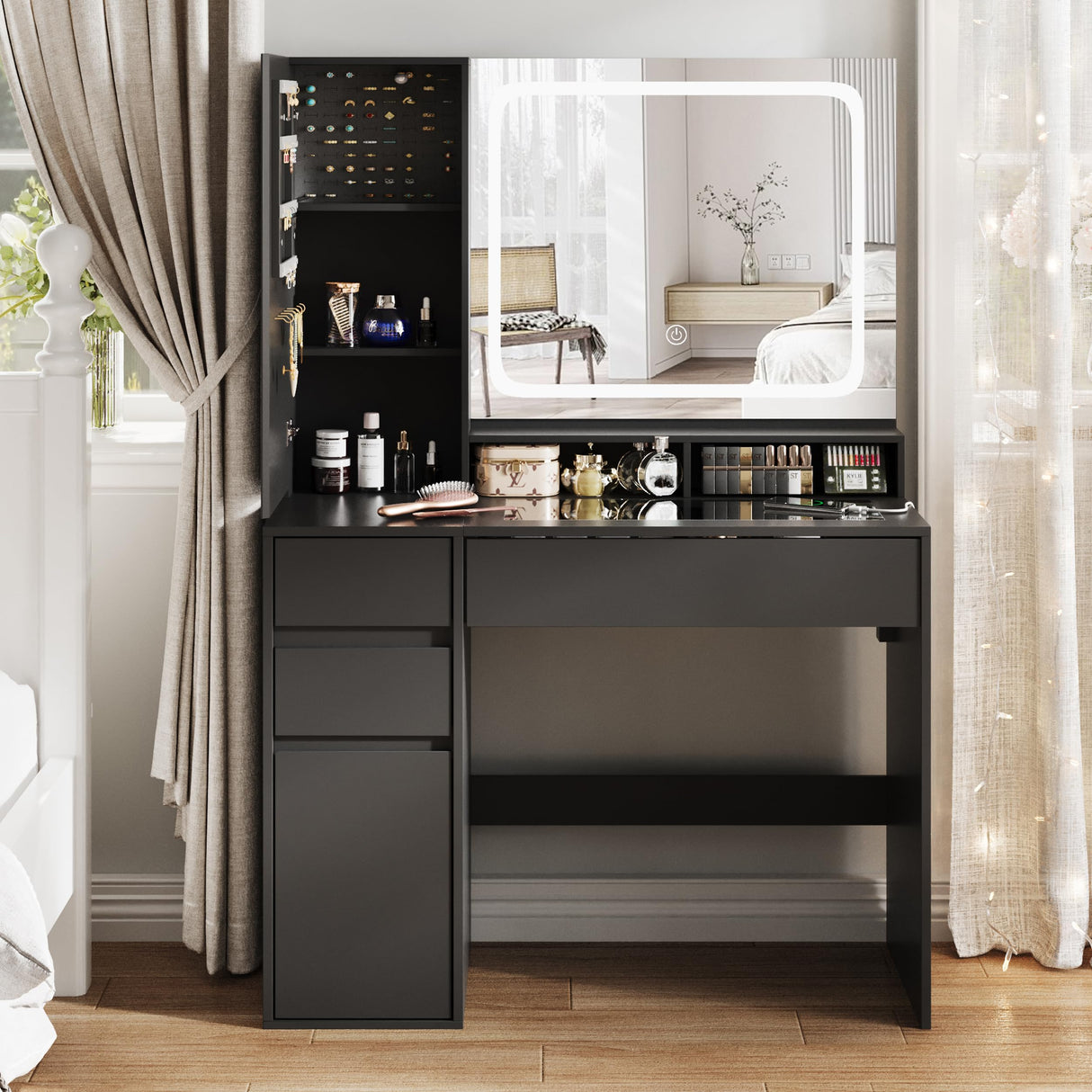 Makeup Vanity with Glass Top, Black Vanity Desk with Mirror and Lights, Vanity with Power Outlet and Jewelry Cabinet, Vanity Table with 3 Color Lighting Modes, Dressing Table for Women, Girls Maupvit