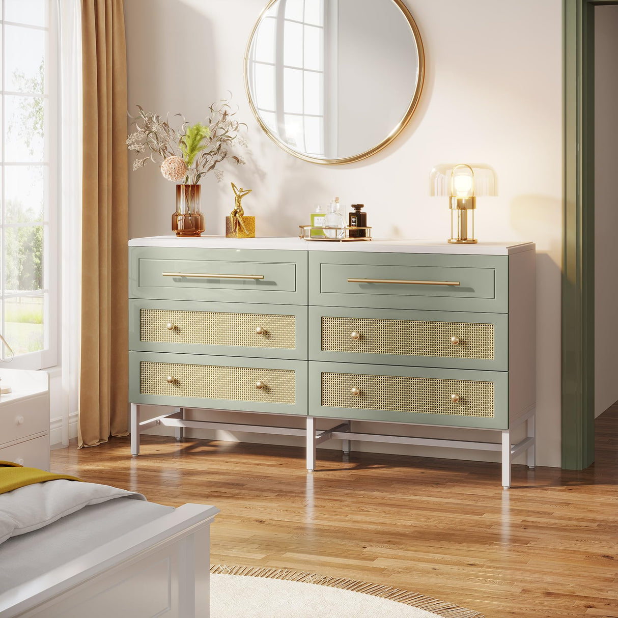 Tribesigns 6 Drawer Dresser, Modern Rattan Dresser for Bedroom, 55" Long Double Dresser Wood Storage Organizer Chest of Drawers for Closet Living Room, White and Green Tribesigns