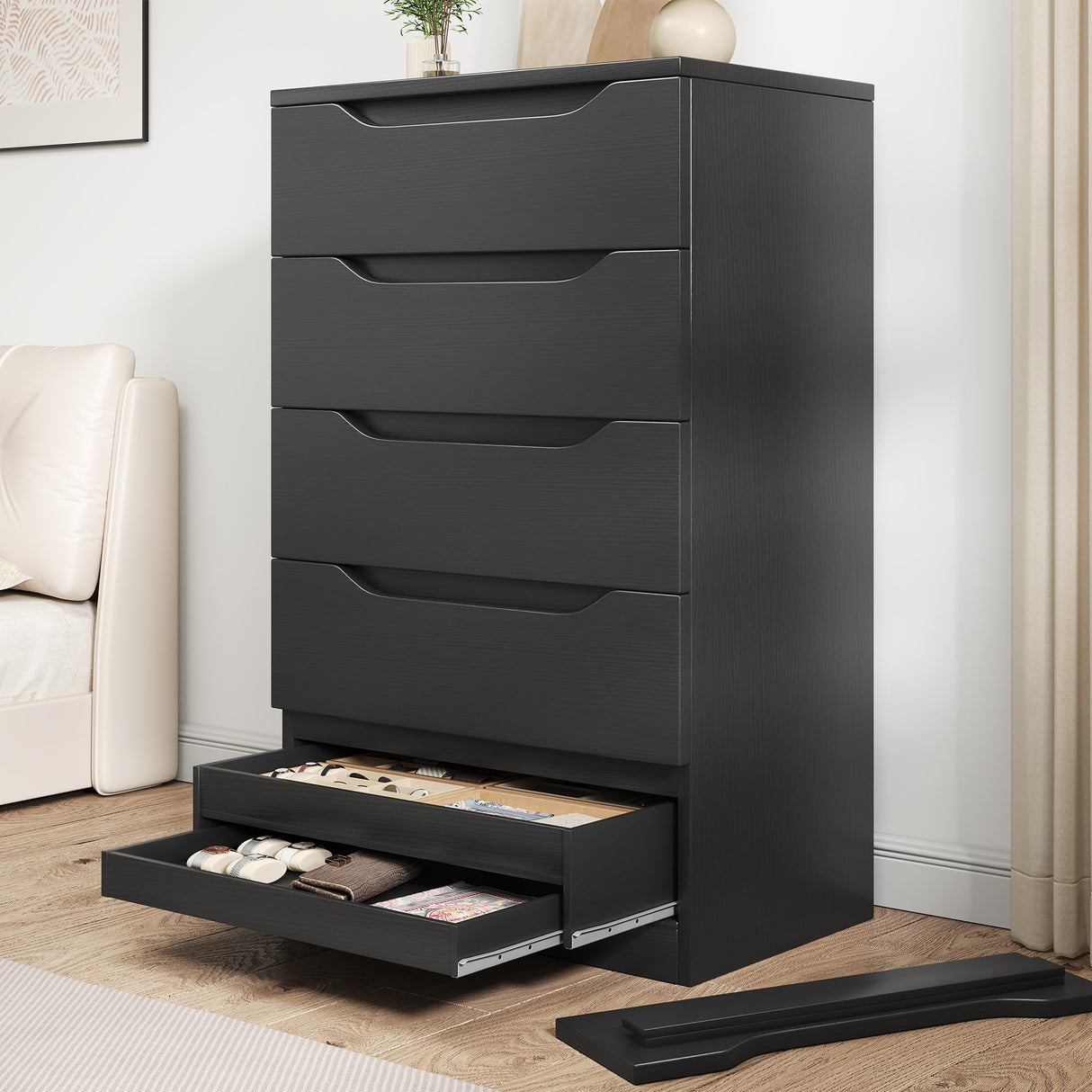 Black Tall 5 Drawer Dresser for Bedroom with Hidden Storage Design, Large Modern Closet Dressers & Chests of Drawers with Cut-Out Handles, 27.6" L*15.8" W*45.3" H for Bedroom, Living Room, Nursery Jocoevol