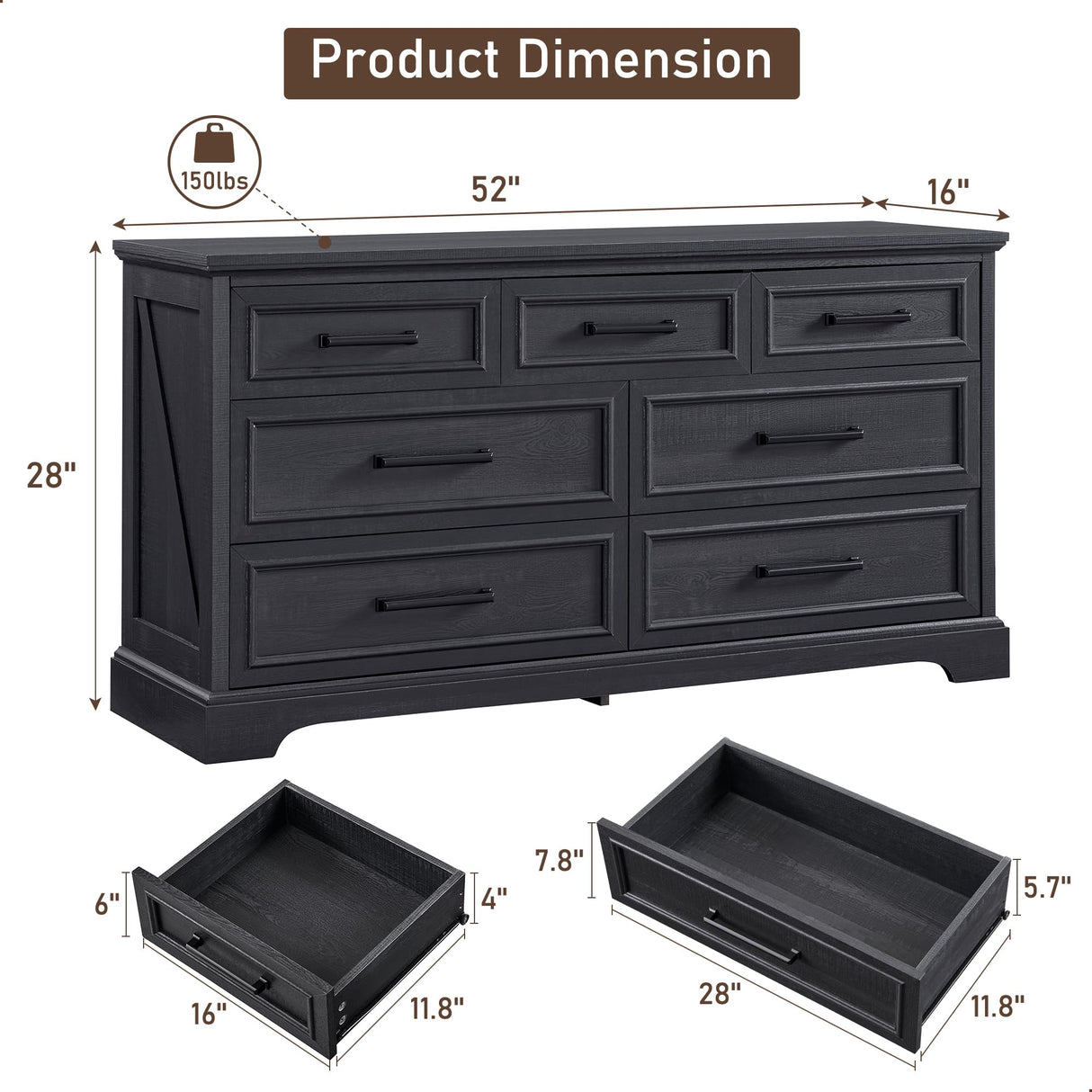 ACCOHOHO 7 Drawer Dresser, Farmhouse Chest of Drawers for Bedroom, 52" Wide Kids Dresser TV Stand with Large Metal Handles, Wood Drawer Organizer for Living Room, Hallway - Black ACCOHOHO
