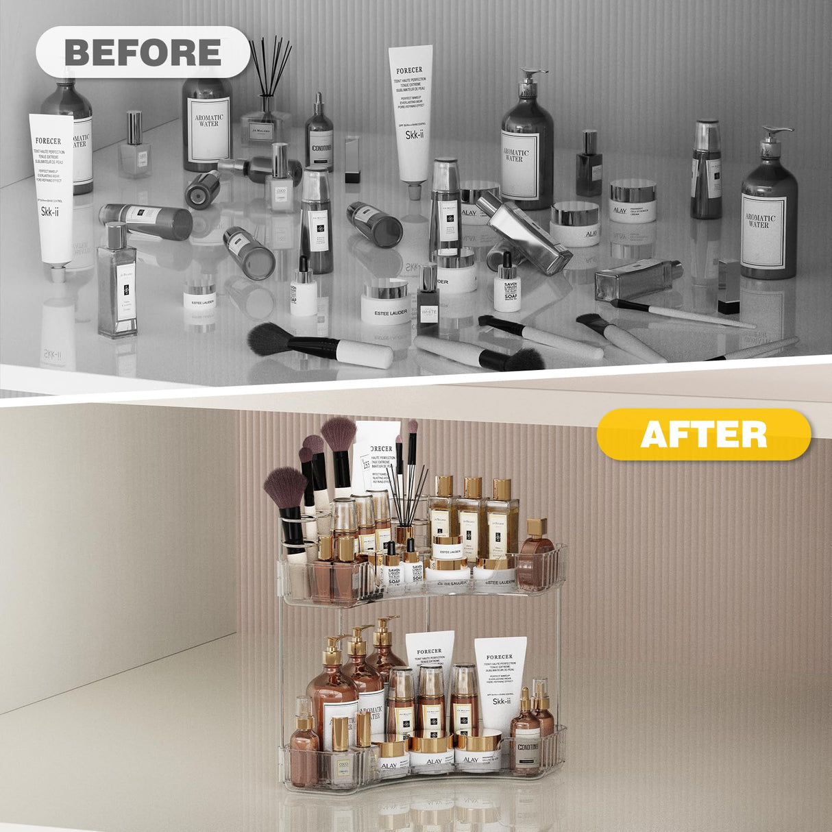 Asayuee 2-Tier Corner Bathroom Counter Organizer with Top Toothbrush Holders,Large Makeup Organizer Countertop with Brush Holder,Skincare Organizers Corner,Exquisite Vanity Organizer(Clear, 2 Tier) Asayuee