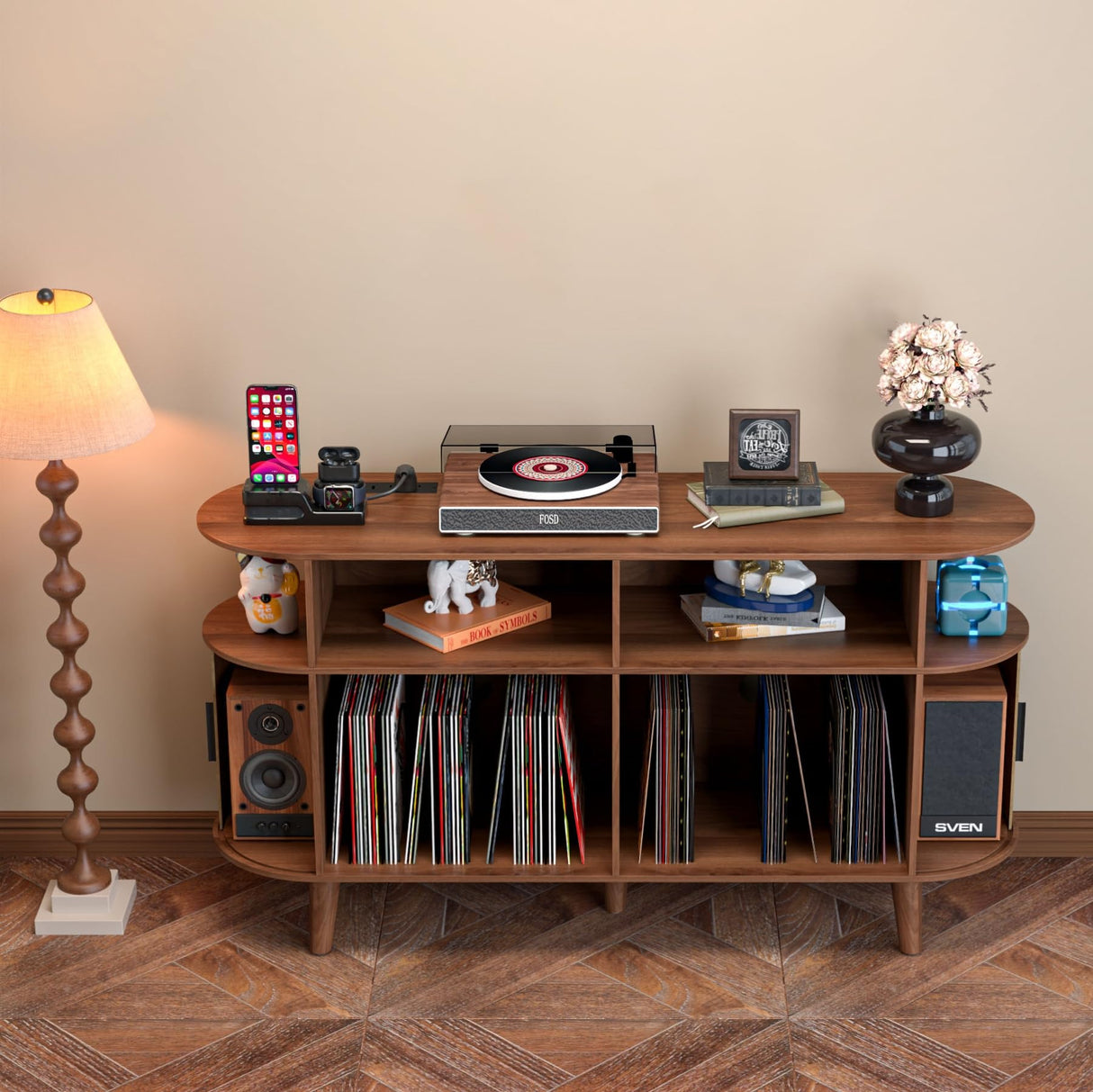 LUVIOHOME Large Round Record Player Stand with Charging Station & USB Ports,Record Storage Cabinet, Mid Century Modern Turntable Stand for Bedroom Living Room (Walnut) LUVIOHOME