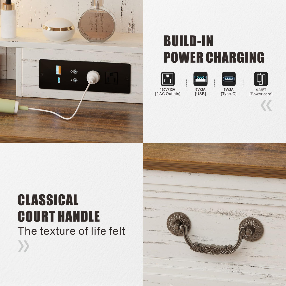 Lareth Farmhouse Vanity Desk with Lighted Mirror & Power Outlet, 39 inch Rustic Makeup Vanity Table with Drawers and Stool, Hollywood Mirror with 3-Color Lights, White Dressing Table for Women Girls Lareth