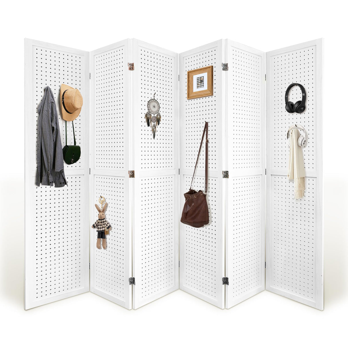 HIGREENA Room Divider 5.6FT Pegboard Display Wood Room Divider Panel 6 Panel Folding Room Divider Room Divider Screen Partition Room Dividers, White HIGREENA