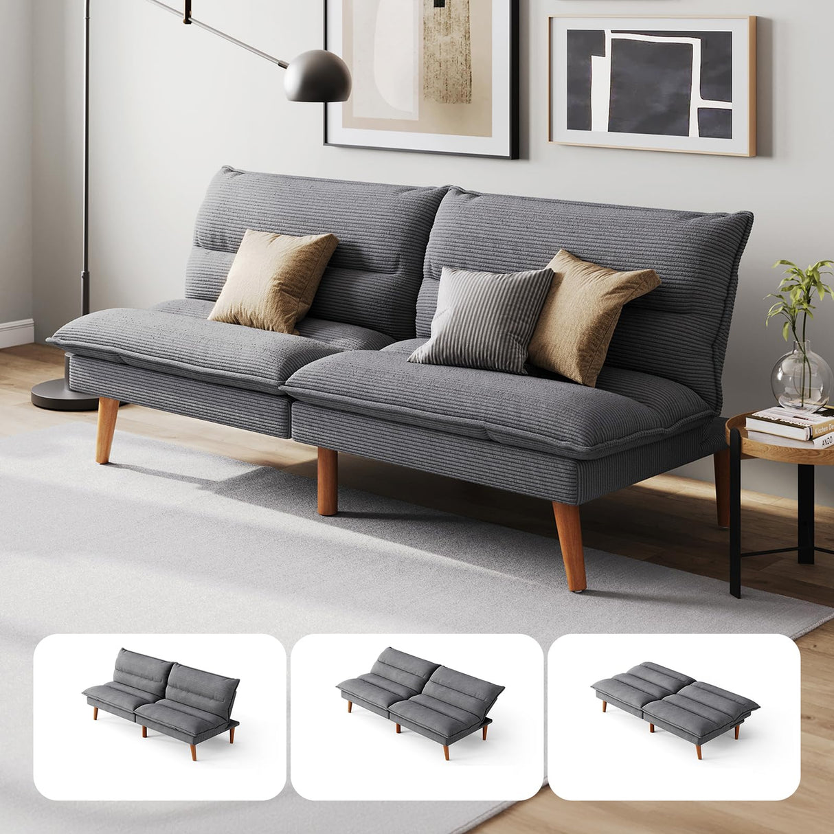LINSY HOME Futon Sofa Bed - Convertible Corduroy Futon Couch Bed with Adjustable Backrest, Modern Small Loveseat Sleeper Sofa for Small Spaces, Living Room, Apartment or Office (Grey) LINSY HOME