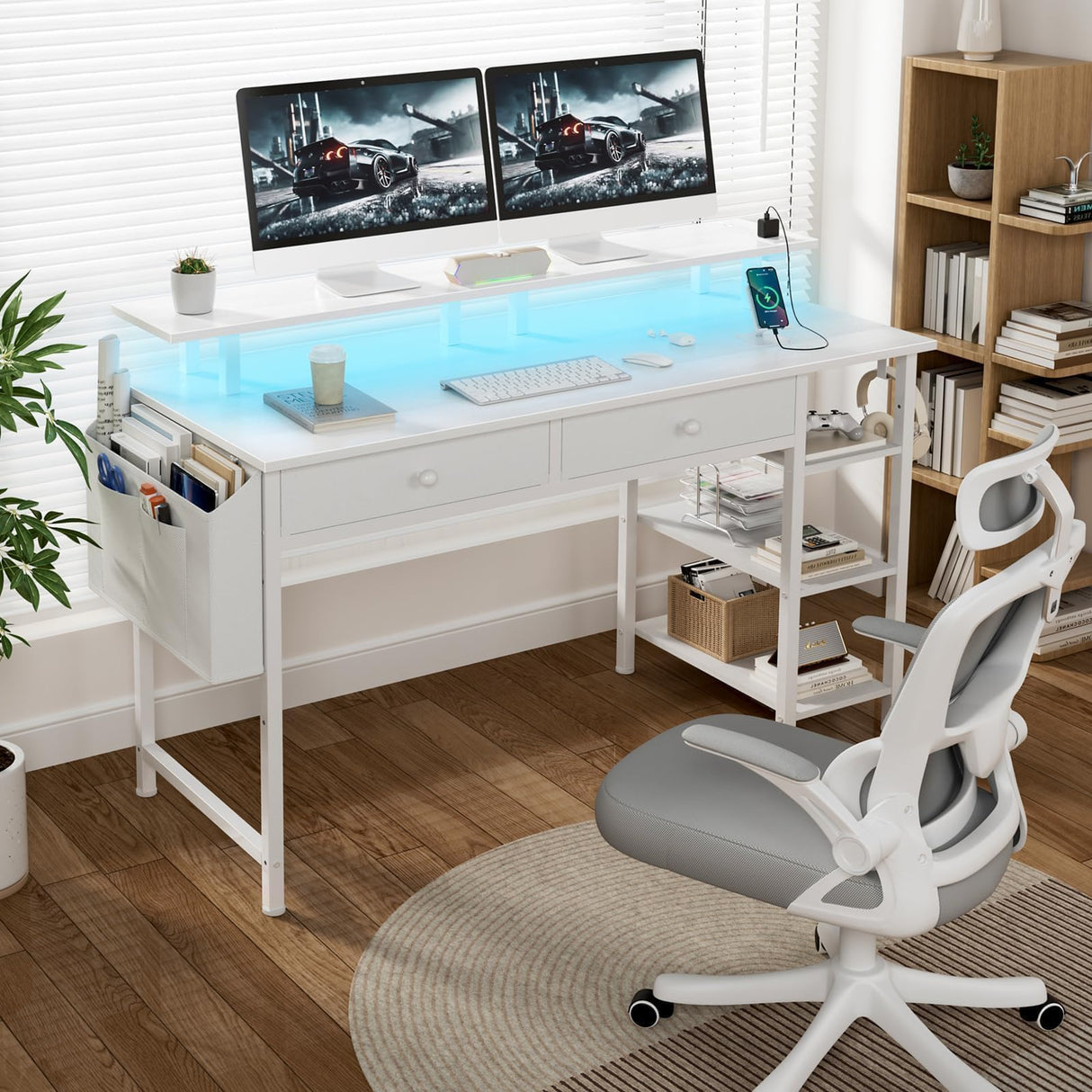 White Computer Desk with Shelves and Drawers - 47 Inch Home Office Desk with Drawers and Shelves, Small White Desk with Shelves, Computer Desk with Monitor Stand, RGB Gaming Desk with Power Outlet DLisiting
