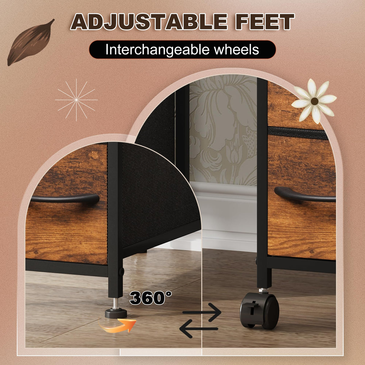 EKNKOZY Rustic Brown Narrow Dresser Tower with 4 Drawers and Steel Frame EKNKOZY