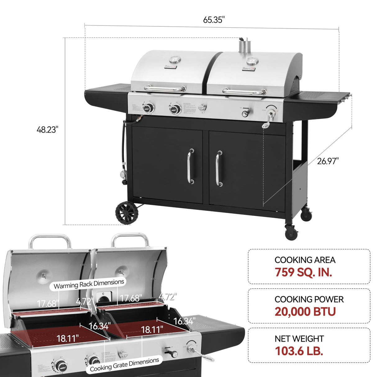 Royal Gourmet ZH3002N Propane Gas and Charcoal Grill Combo, Dual Fuel BBQ Grill with 2 Side Shelves for Outdoor Patio Garden Backyard Barbecue, 20,000 BTUs, Silver & Black Royal Gourmet