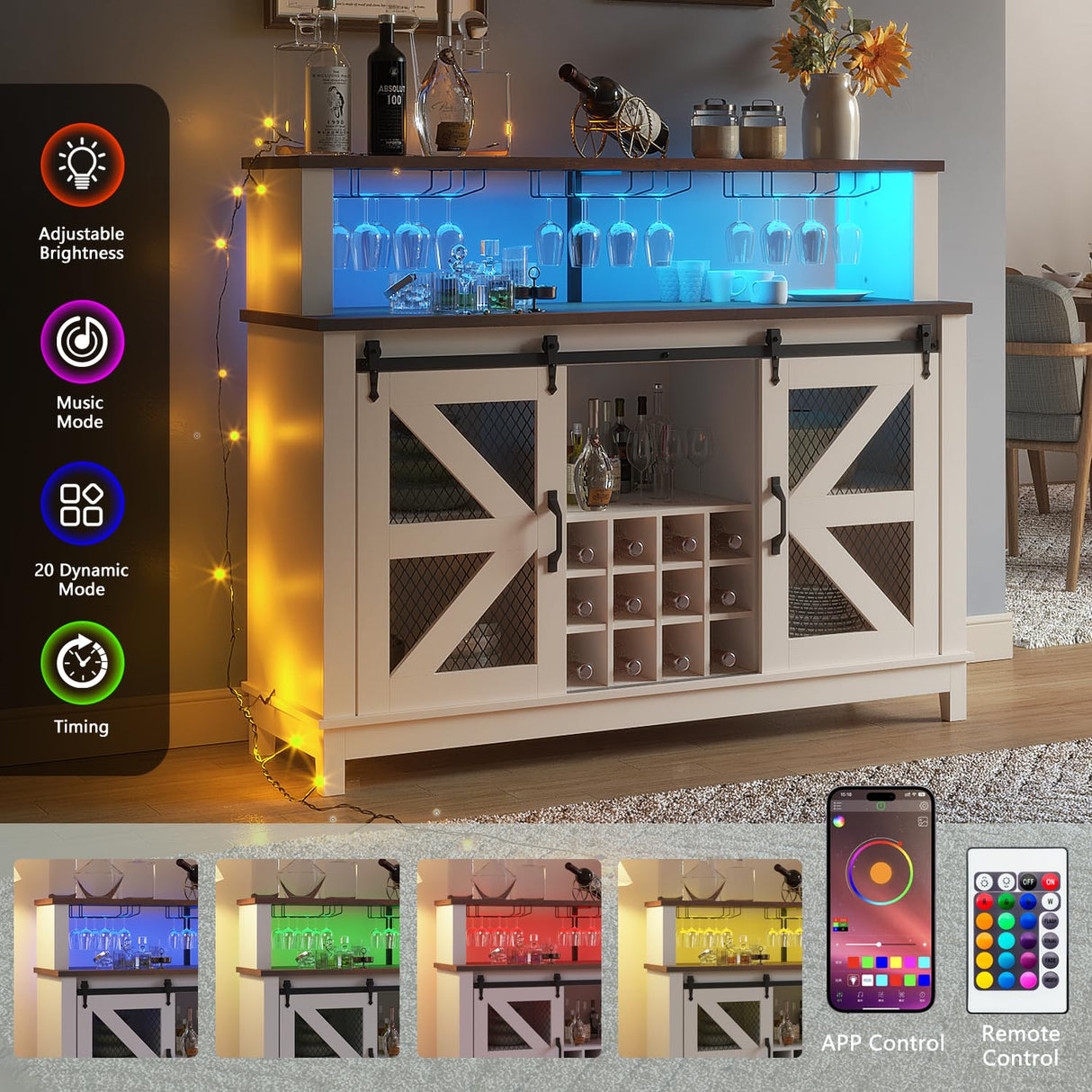 PRETZI 55" Farmhouse Coffee Bar Cabinet with LED Lights, Wine Bar Cabinet with 4 Tier Storage, Kitchen Buffet Cabinet with Sliding Door & Wine and Glass Rack for Dining Living Room PRETZI