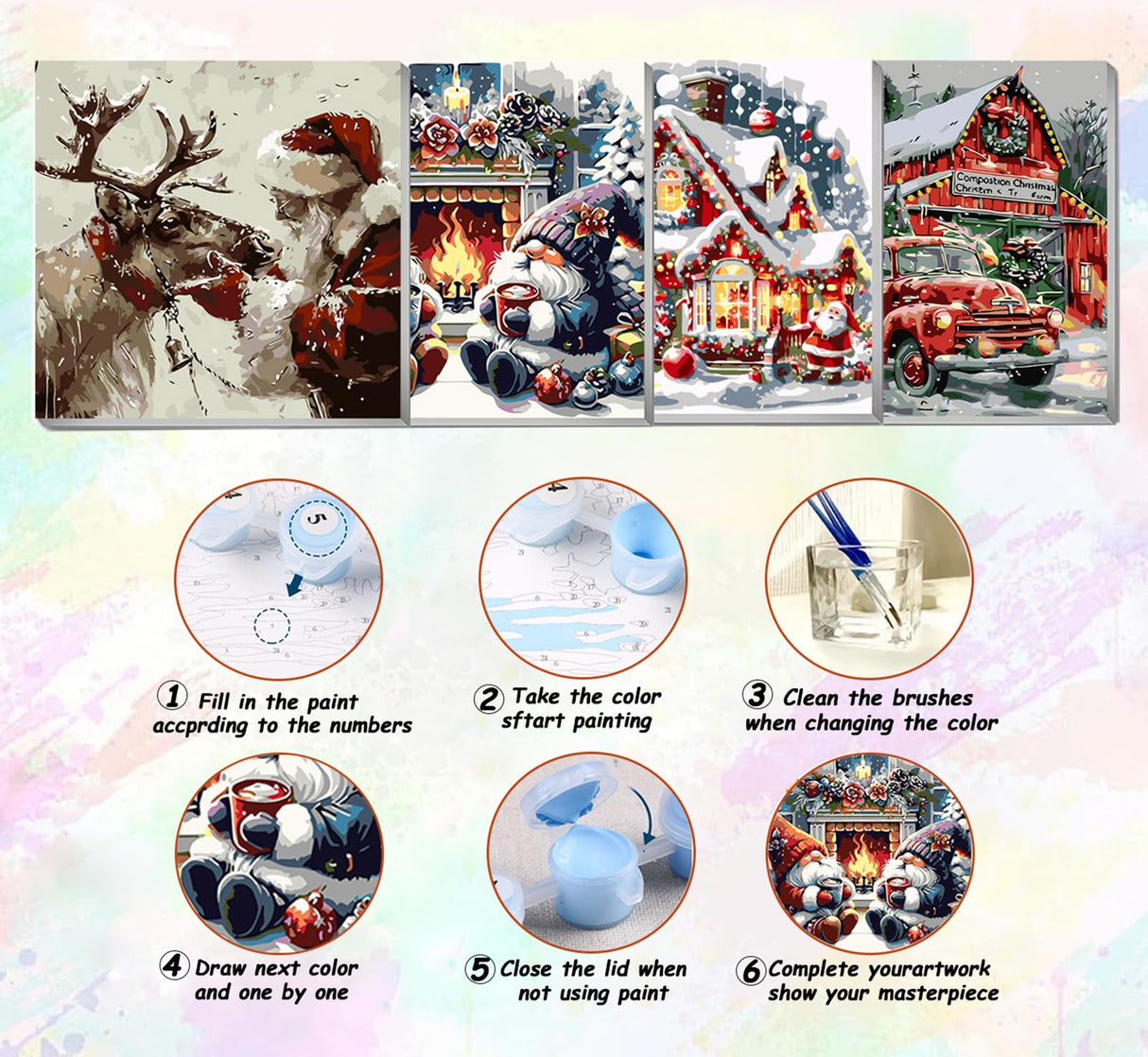 4 Pack Christmas Gnome Paint by Numbers Kit for Adults Beginner,Winter House Elk Easy Painting by Numbers Kits,DIY Truck Oil Painting with Acrylic Paint(with Frame), Home Wall Decor 9.84 x 9.84 in CZYWJMEI