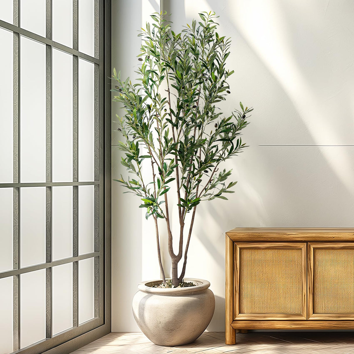 Erimda 7FT Artificial Olive Tree Tall Faux Silk Plant Tall Faux Olive Tree with Natural Wood Trunk & Lifelike Fruits Fake Potted Tree or Home Office Decor erimda