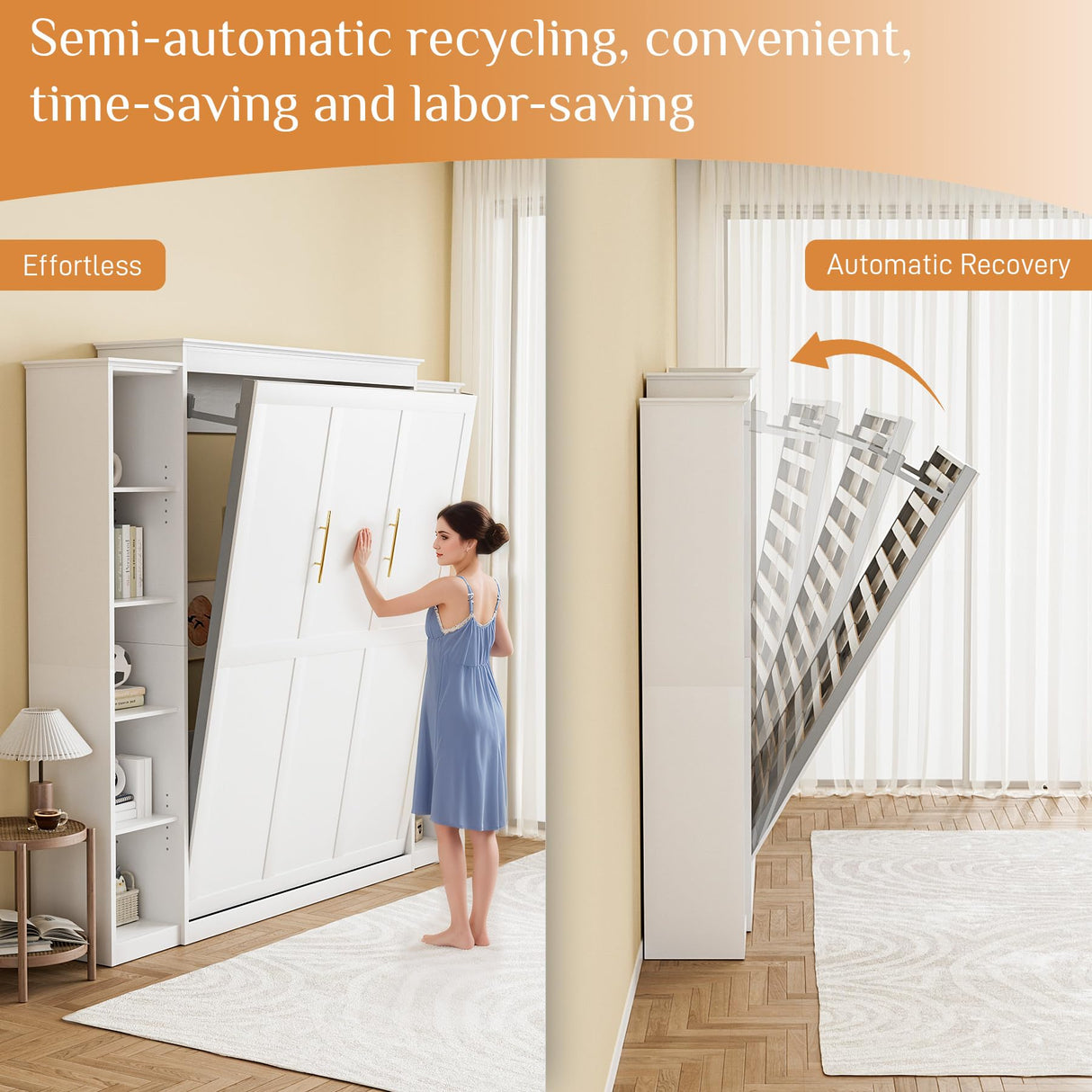 BEQAI Queen Murphy Bed with Storage Bookcase & 4 Adjustable Shelves, Foldable Space-Saving Queen Wood Wall Bedframe with Metal Legs, Hidden Bedframe for Guest Room, Study, Home Office, Bedroom, White BEQAI