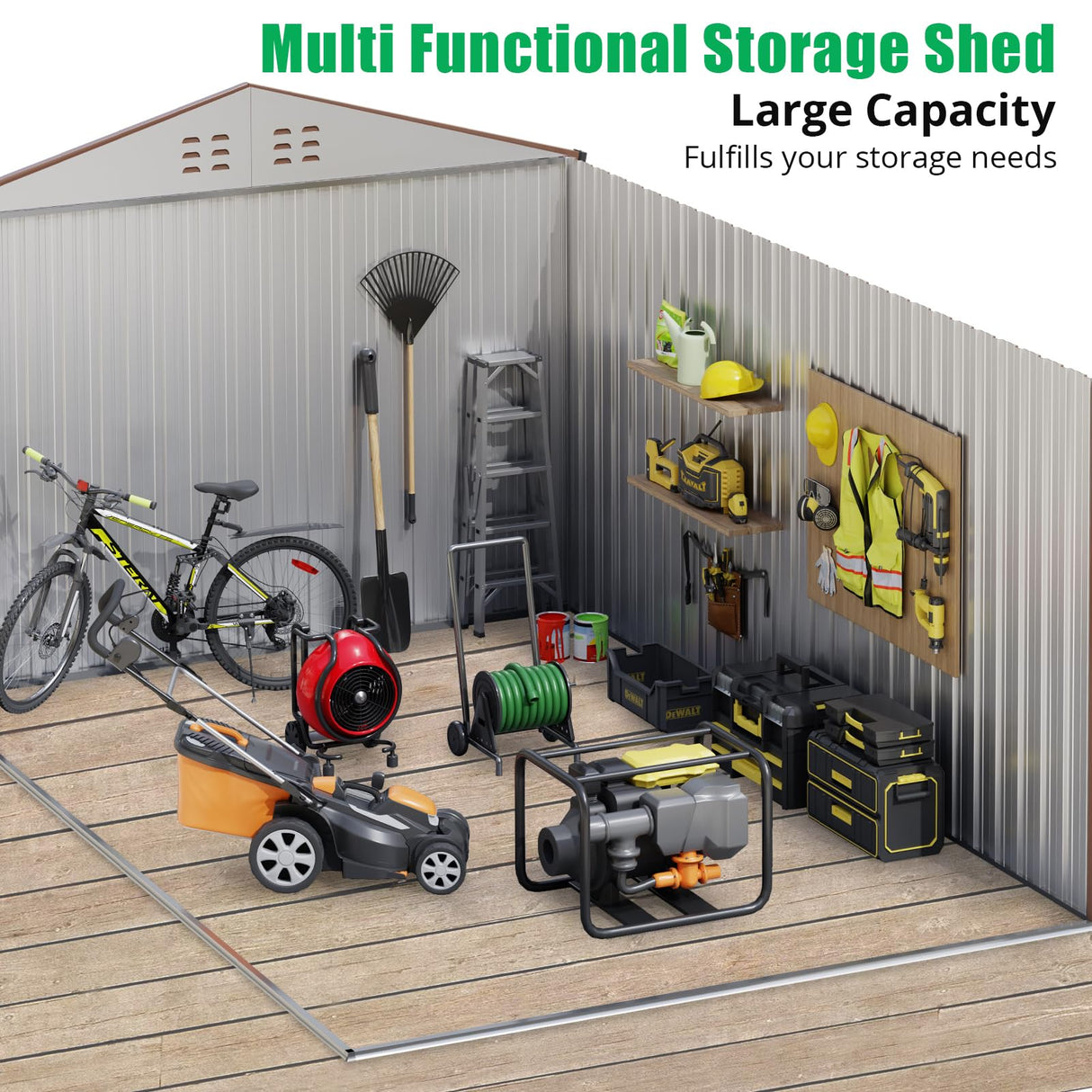 Garveelife 8x15 ft Outdoor Storage Shed, Steel Utility Tool Shed with Sloped Roof & Lockable Door, Backyard Garden Patio Lawn Outdoor Shed for Storing Tools and Equipment in Yard, Brown GarveeLife