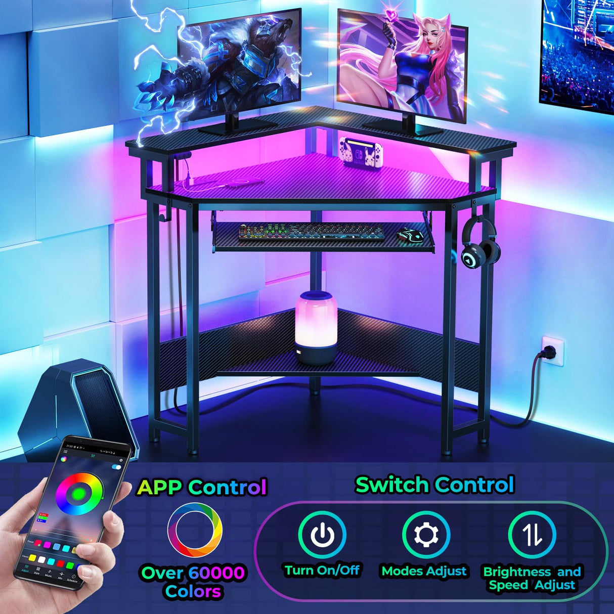 Rolanstar Corner Desk, 44.5" W x 34.5" H Small Carbon Fiber Computer Desk with Power Outlets, LED Lights and Keyboard Tray, Small Office Computer Desk with Monitor Stand for Small Space, Carbon Black Rolanstar