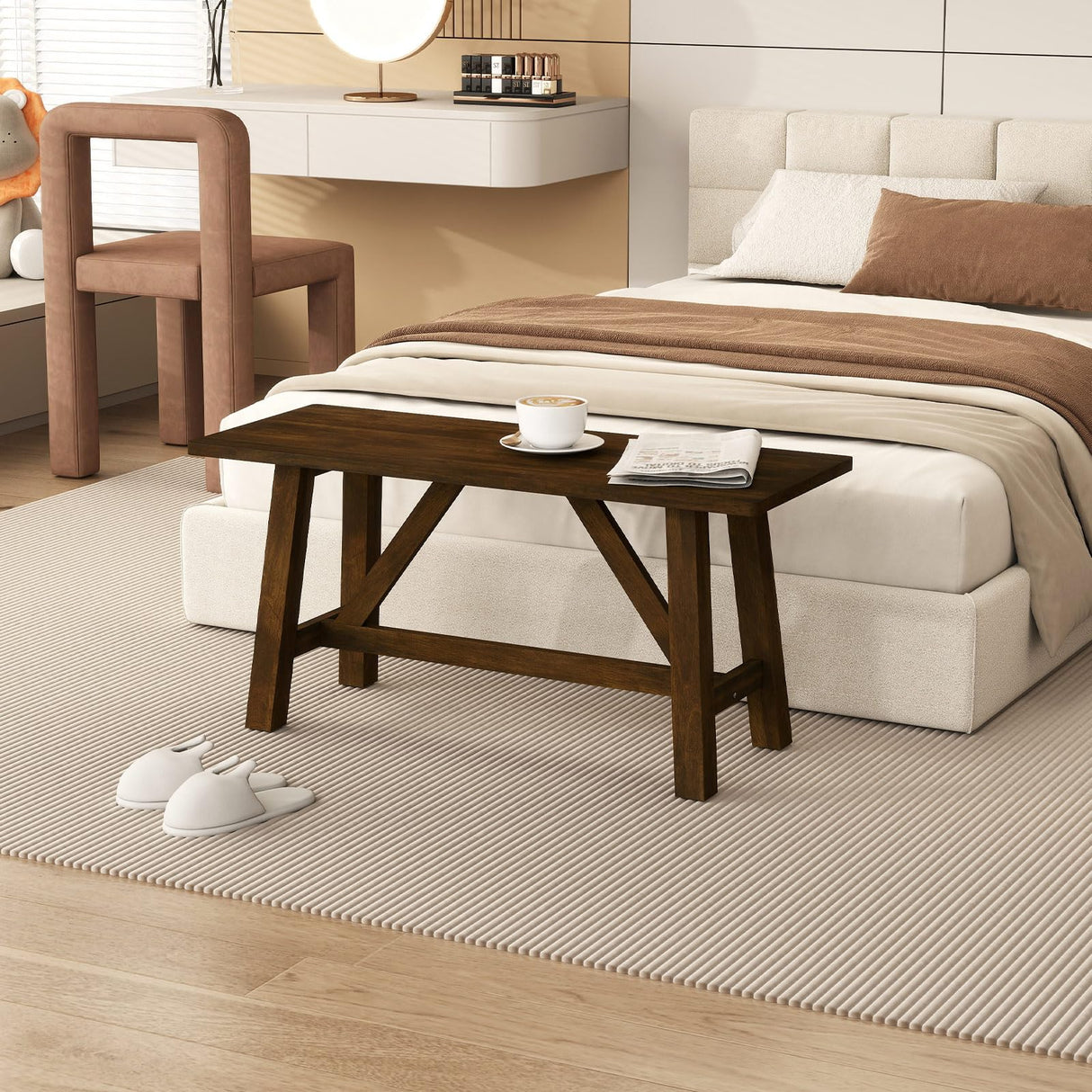 Giantex 38" Wooden Dining Bench, Farmhouse Entryway Bench with Rubber Wood Frame, 400 LBS Capacity, Shoe Rack Benchs, Narrow End of Bed Seat for Kitchen, Living Room, Bedroom, Hallway, Brown (1) Giantex