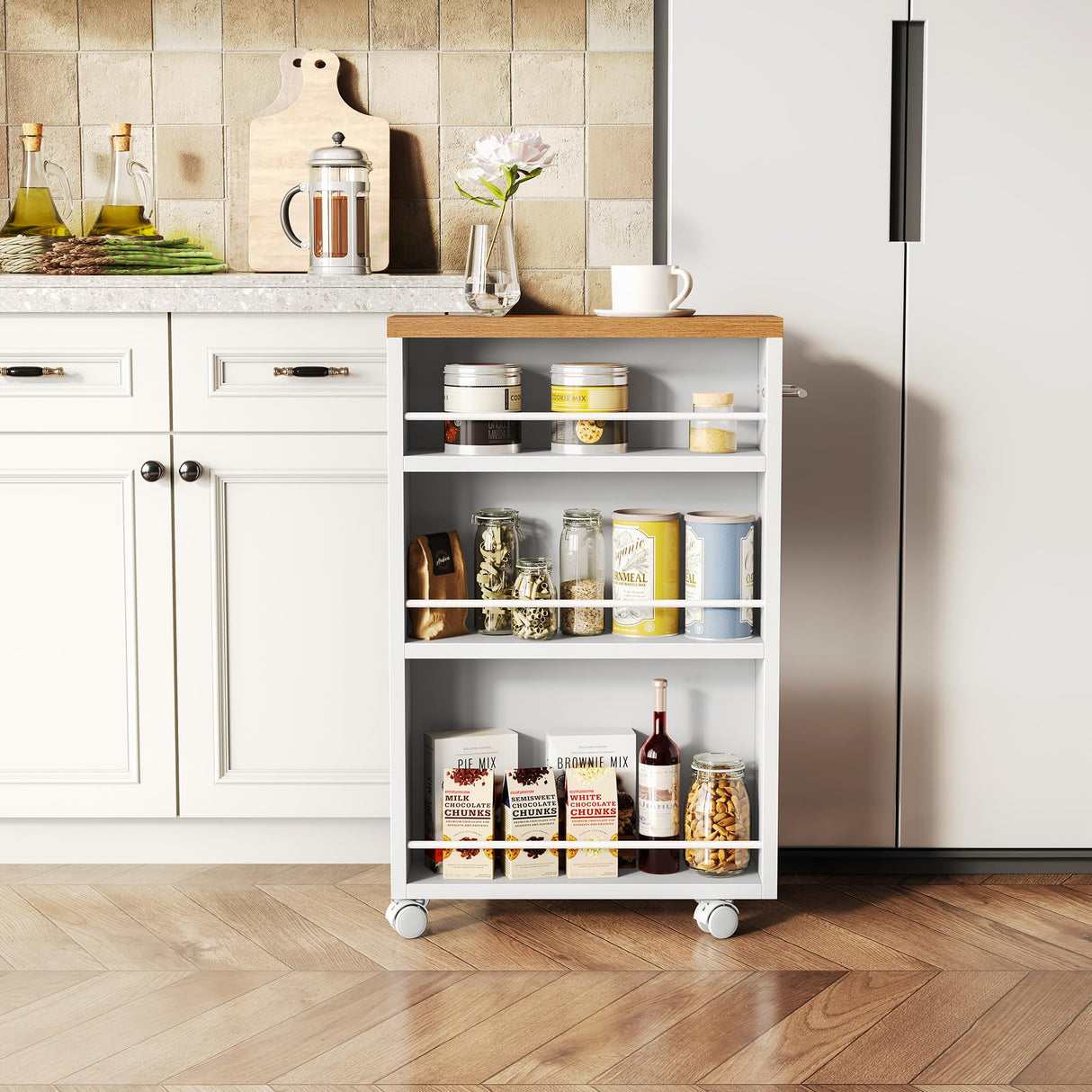 LITTLE TREE 4 Tier Rolling Cart with Wheels, 6.3 Inch Slim Storage Cart, Wooden Snack Cart with Narrow Shelf, White Laundry Room and Bathroom Organizer Shelves LITTLE TREE