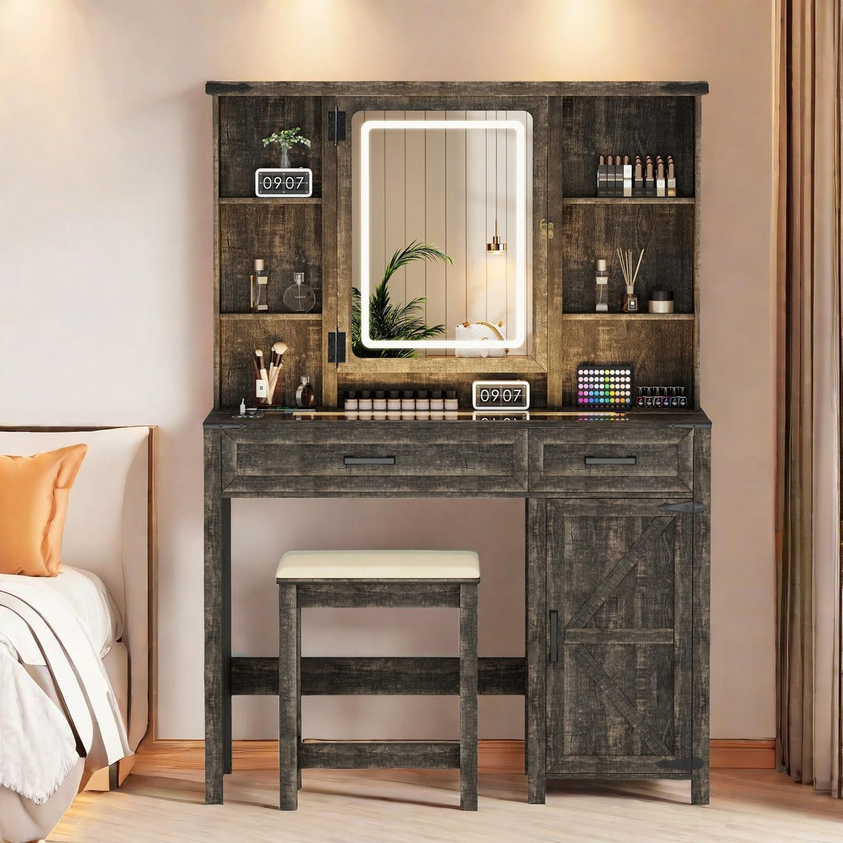 ChicFurnit Farmhouse Makeup Vanity,Vanity Desk with Glass Tabletop & 3 in 1 Charging Station,40'' Vanity Set with Human Body Sensing LED Lights & Hidden Jewelry Cabinet,Stool Included, Vintage Brown ChicFurnit