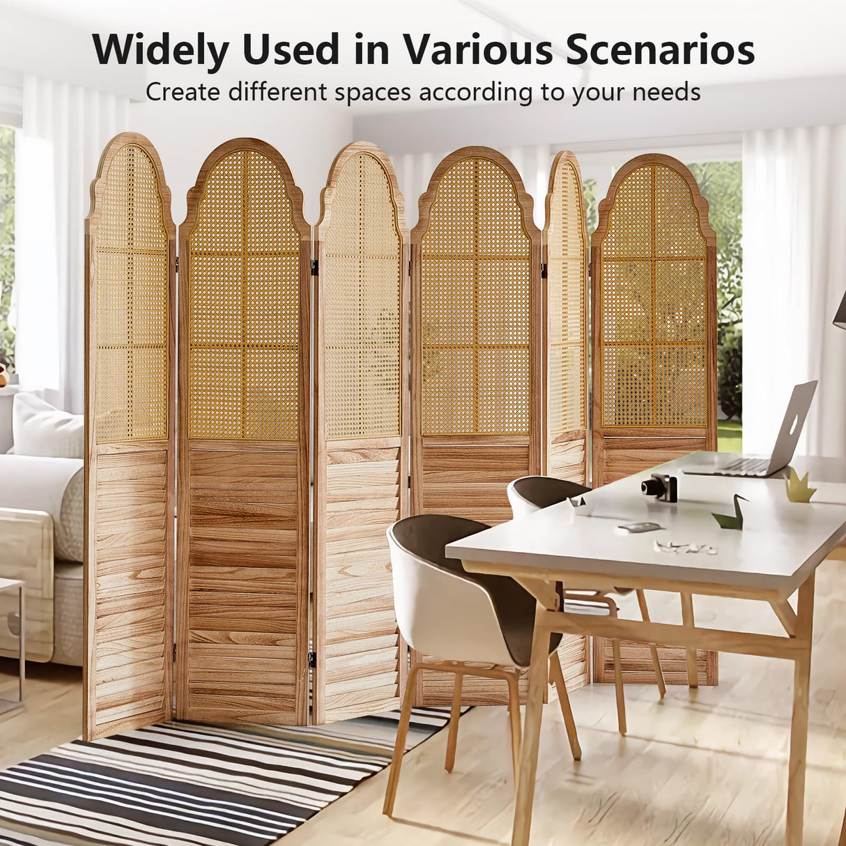 Asnefeli 6 Panels Room Divider Screen, Rustic Rattan Room Divider, Wood Folding Privacy Screen, Foldable Wood Divider Wall, Portable Partition Panel, Wall Divider for Room Separation (Natural) Asnefeli