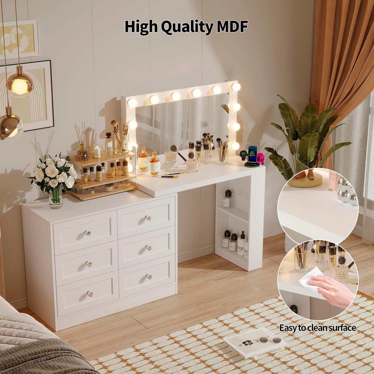 VOWNER Vanity Desk and Dresser Combo, Extendable Makeup Vainty with with Lighted Mirror & Power Outlet, Wood Corner Vanity with 6 Drawer Dresser, Makeup Table for Women, Bedroom Dressing Table(White) VOWNER